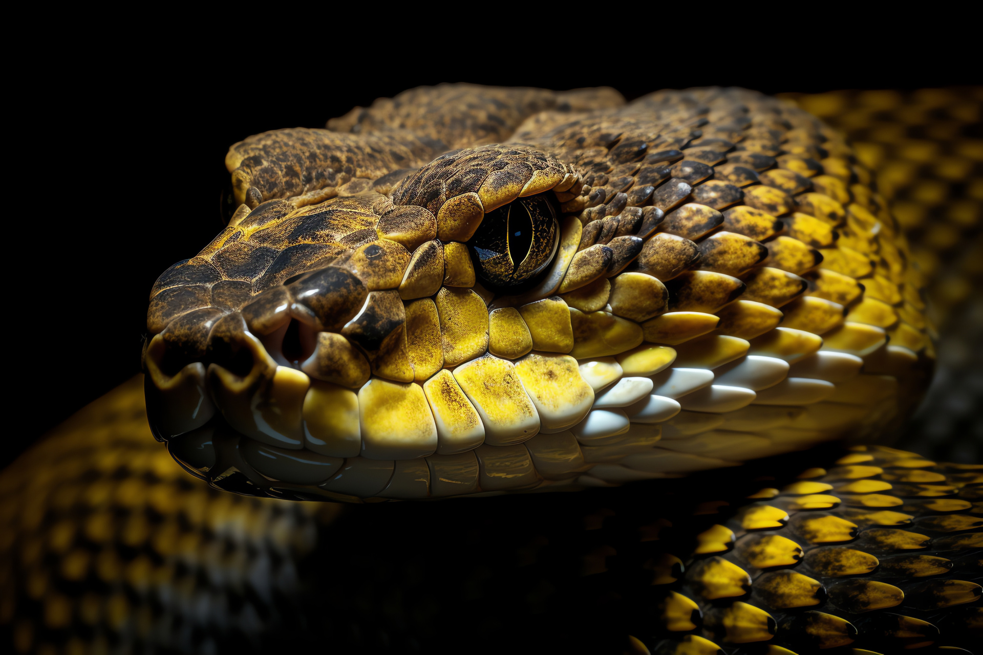 Rattlesnake, venomous reptile, percussive warning, predatory gaze, obsidian background, HD Desktop Wallpaper