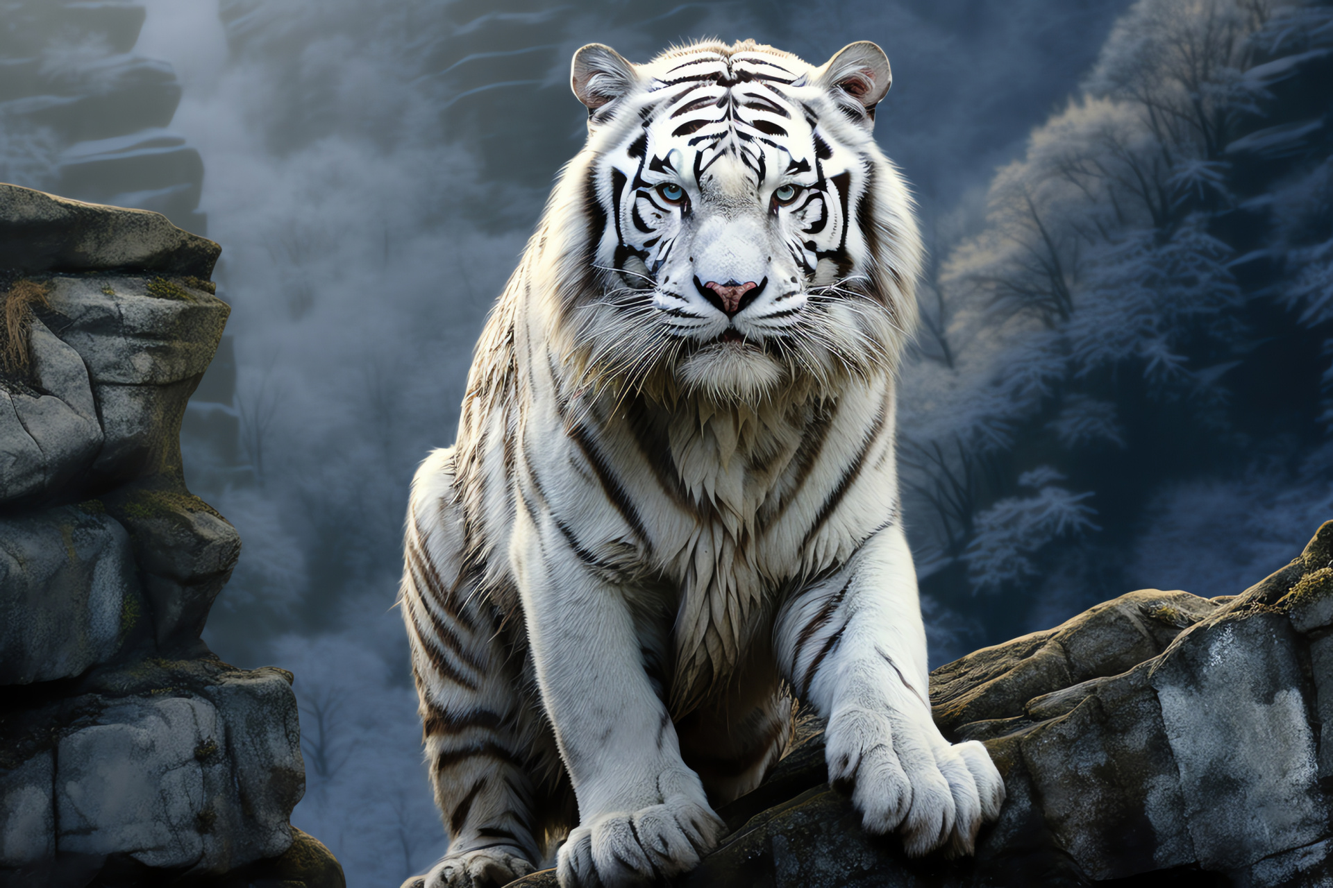 Majestic white tiger, Panthera tigris splendour, Large feline grace, Predator poise, Carnivore presence, HD Desktop Image