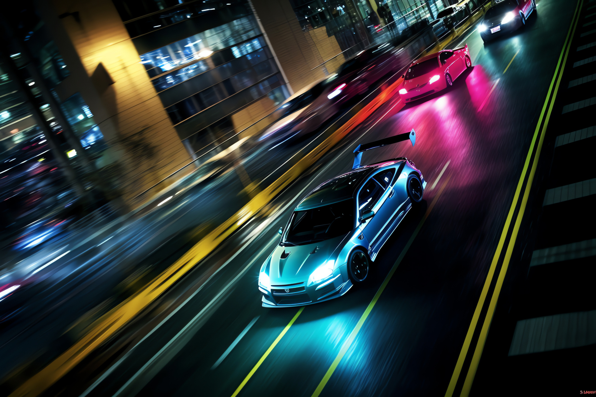 High-performance S15 Silvia, Tokyo skyline, Urban chase scene, City lights, Automotive action, HD Desktop Wallpaper