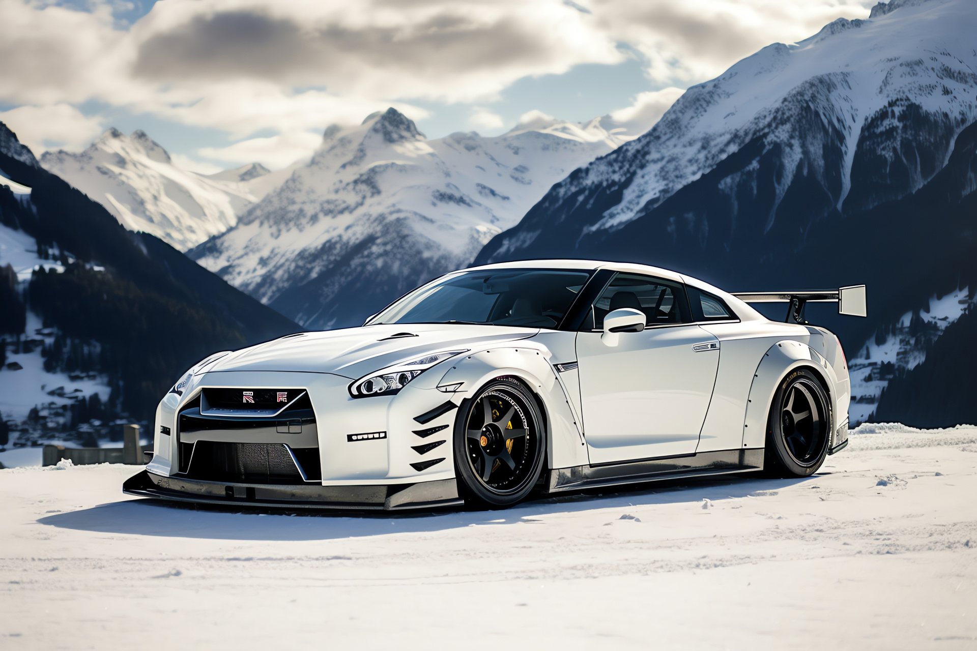 Nissan GTR Liberty Walk adventure, Switzerland Alpine roads, Aftermarket body kit, Mountainous region drive, Green valley view, HD Desktop Wallpaper