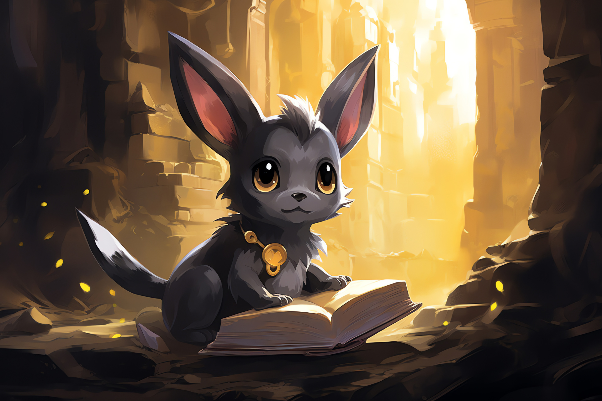 Umbreon in historical site, Enigmatic Pokemon, Velvety ebony fur, Deep sapphire look, Cryptic demeanor, HD Desktop Image