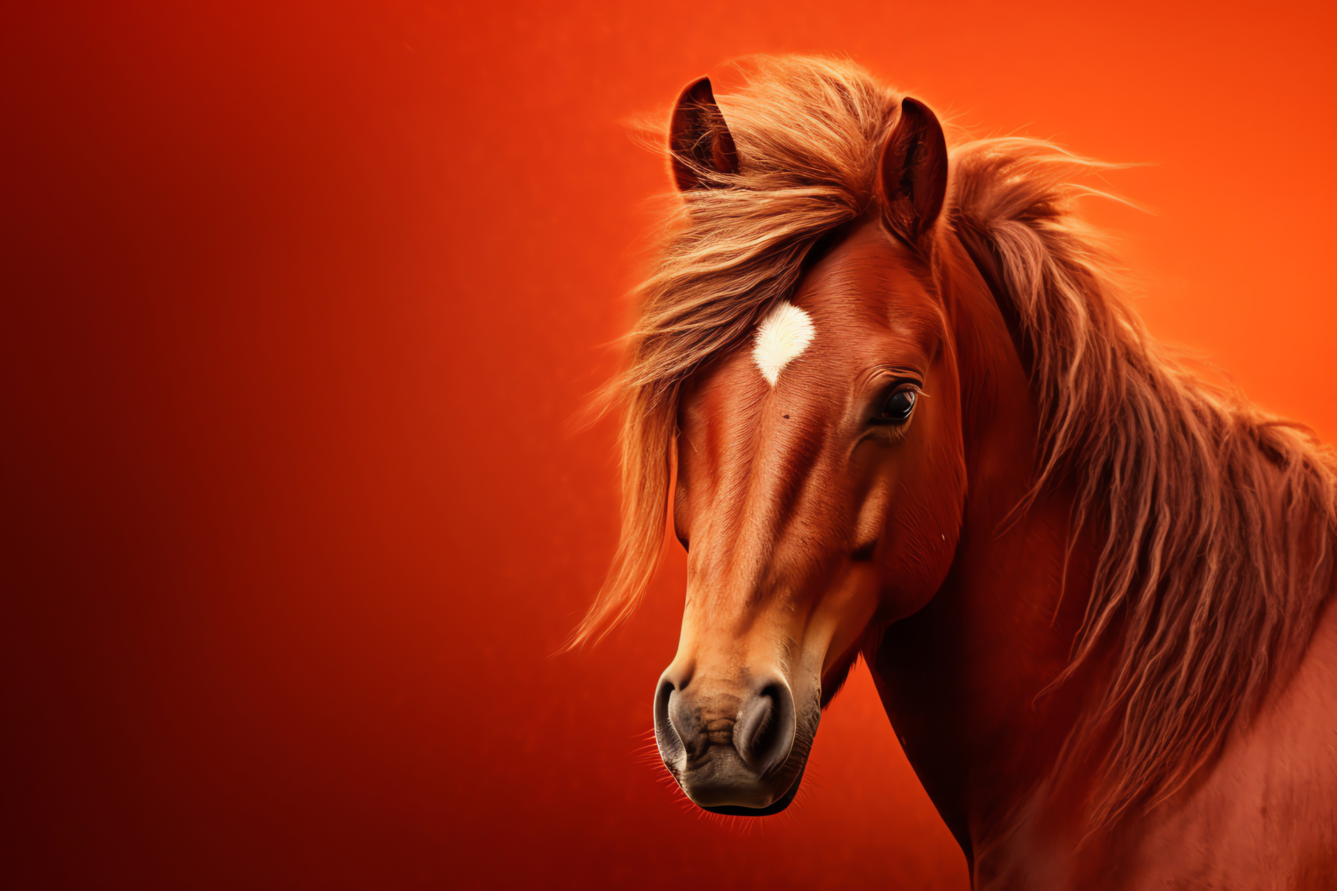 Fire-toned pony, Small horse, Mane and tail, Elevated perspective, Singular color setting, HD Desktop Image