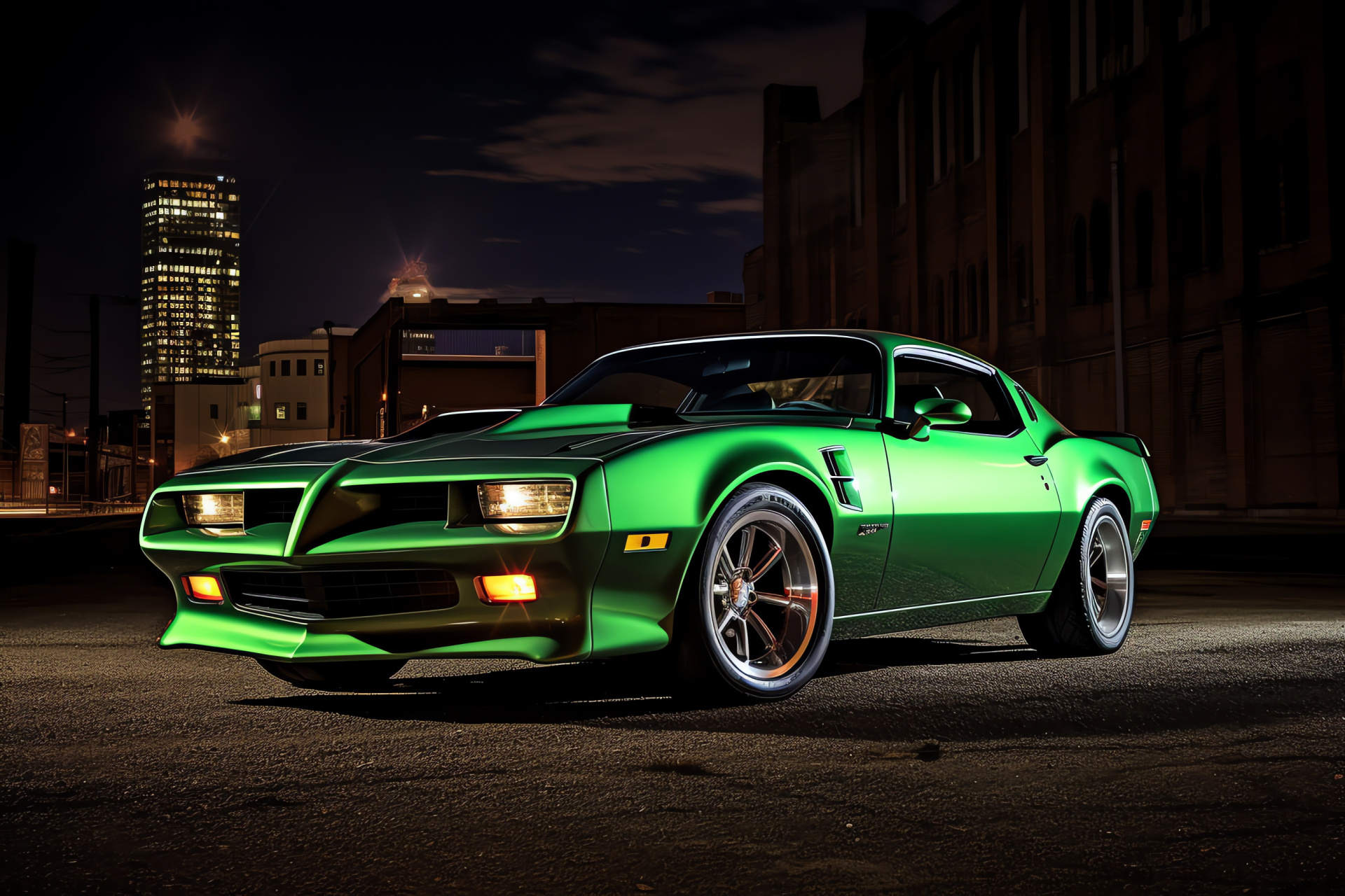 Green Pontiac Firebird Formula, Detroit streets, Bright auto color, American sports car, Urban exploration, HD Desktop Wallpaper