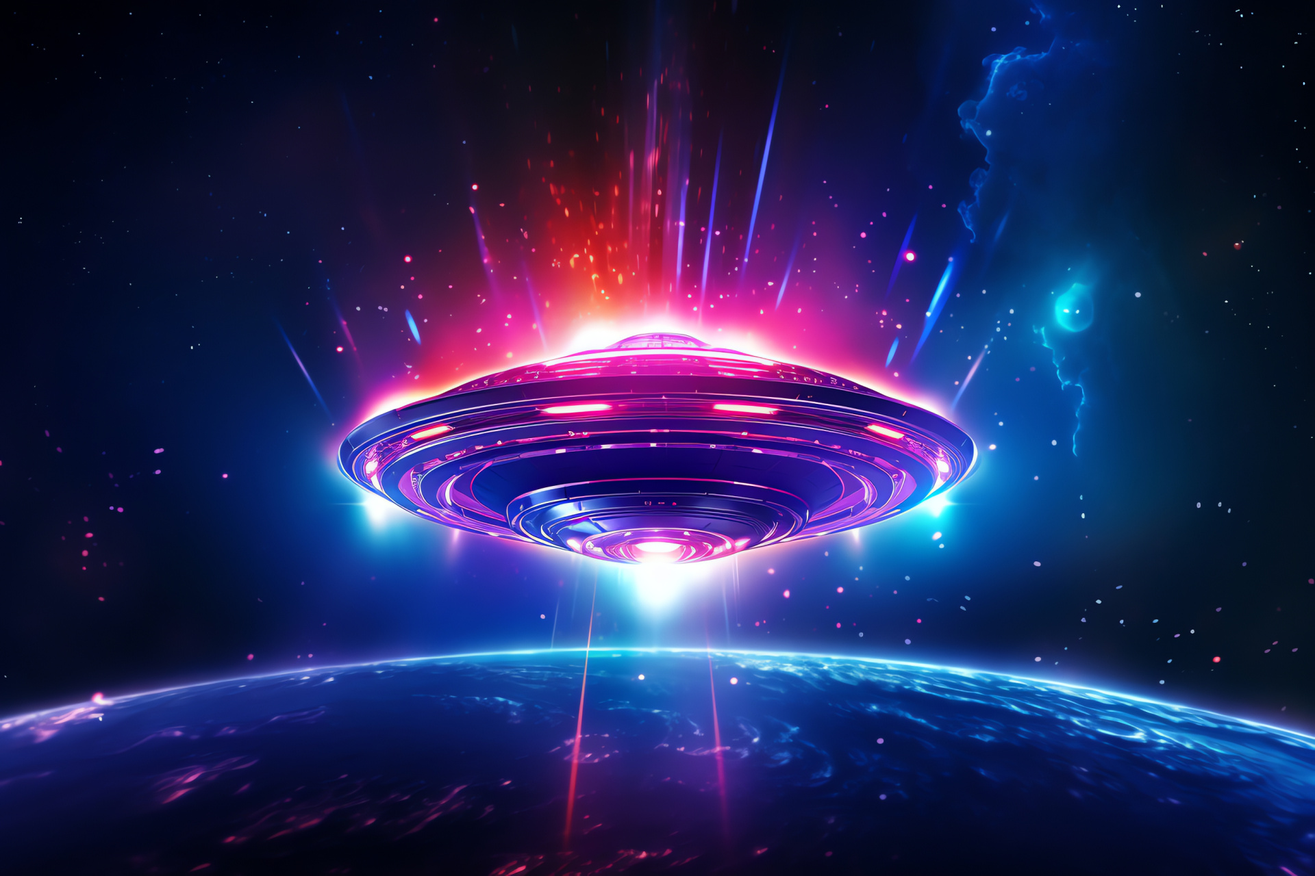 UFO encounter, star-filled cosmos, extraterrestrial vessel, interstellar design, futuristic spacecraft, HD Desktop Image