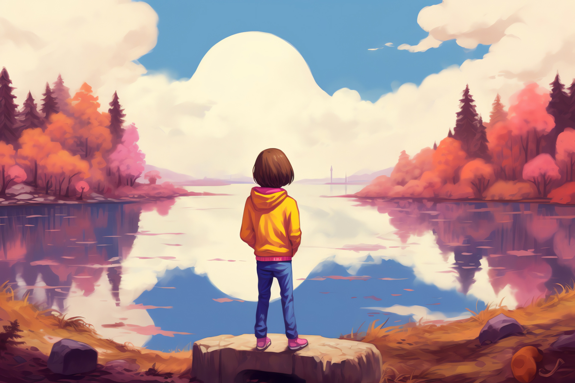 Undertale Frisk lead, Indigo-eyed portrait, Wide panorama capture, Gaming environment, Underground panorama, HD Desktop Image