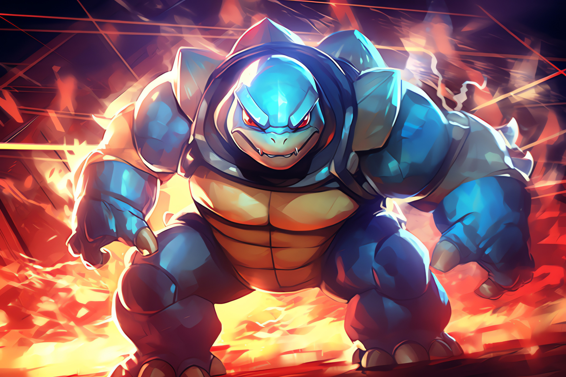 Mighty Blastoise, Defensive shell, Hydro pumps, Sapphire shell, Dominant posture, HD Desktop Image