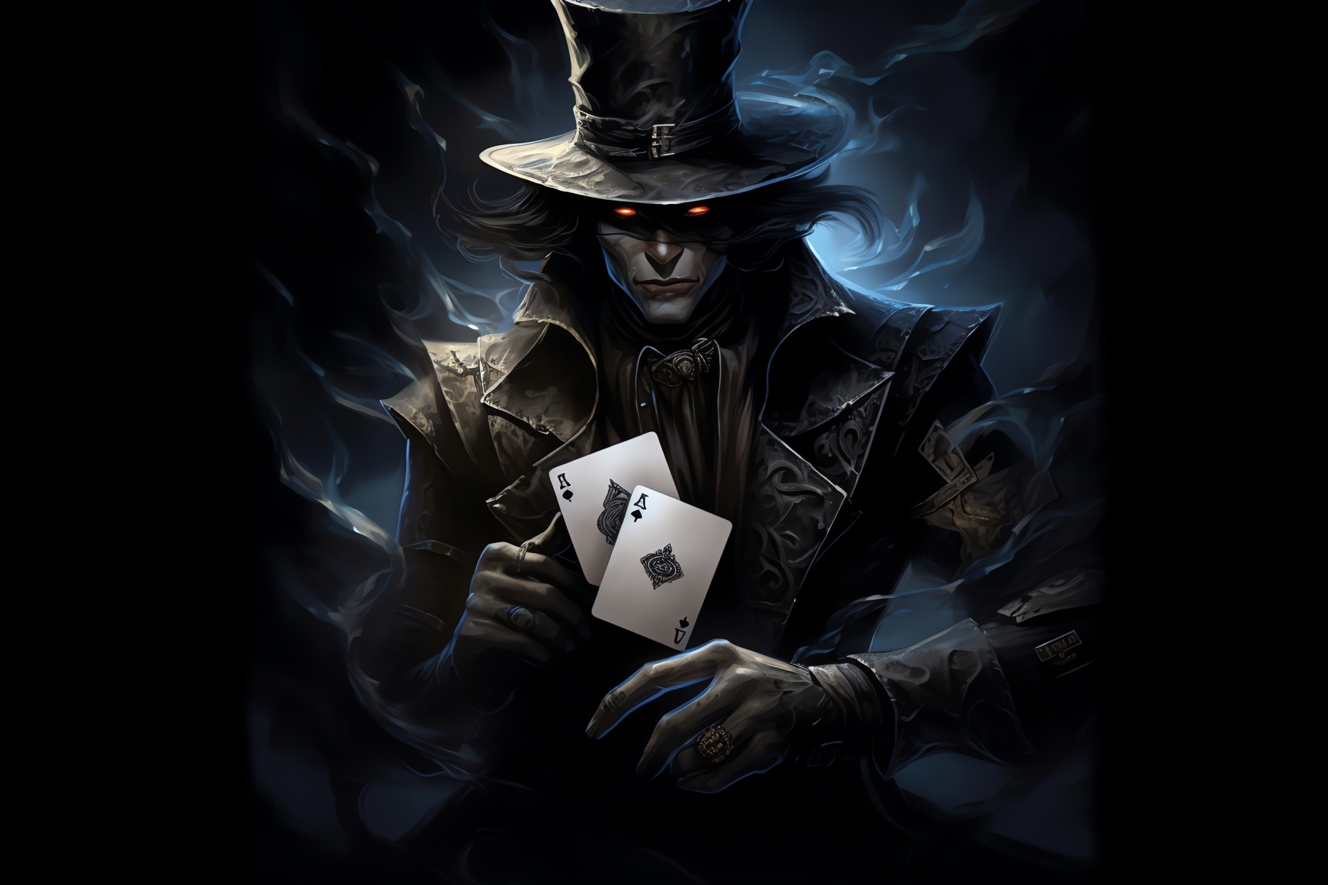 Twisted Fate avatar, Card game strategy, Mysterious player, Cobalt stare, Contemplative figure, HD Desktop Image