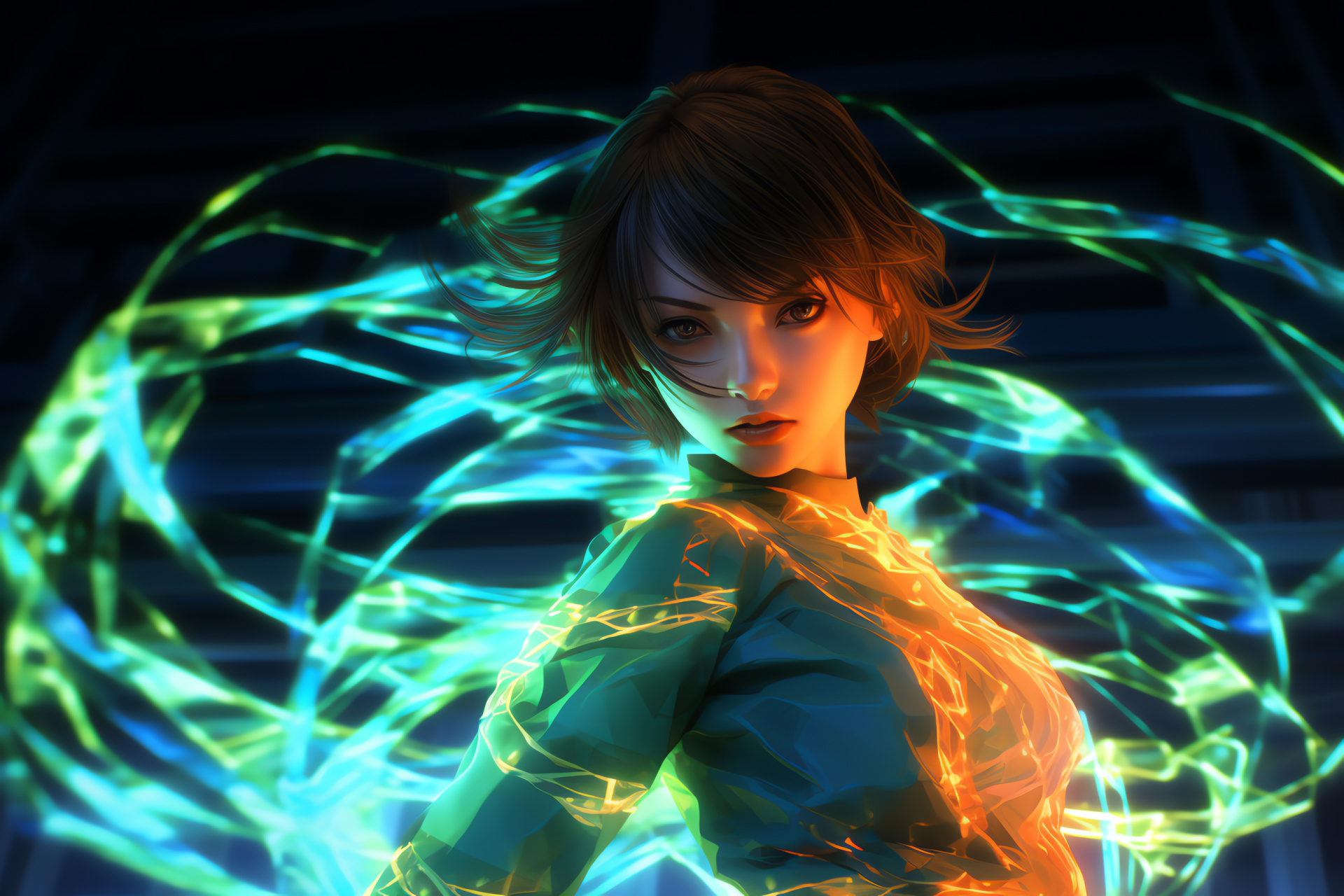 Persona 4 HD, Chie Satonaka, Chestnut curls, Resolute mien, Penetrating look, HD Desktop Image