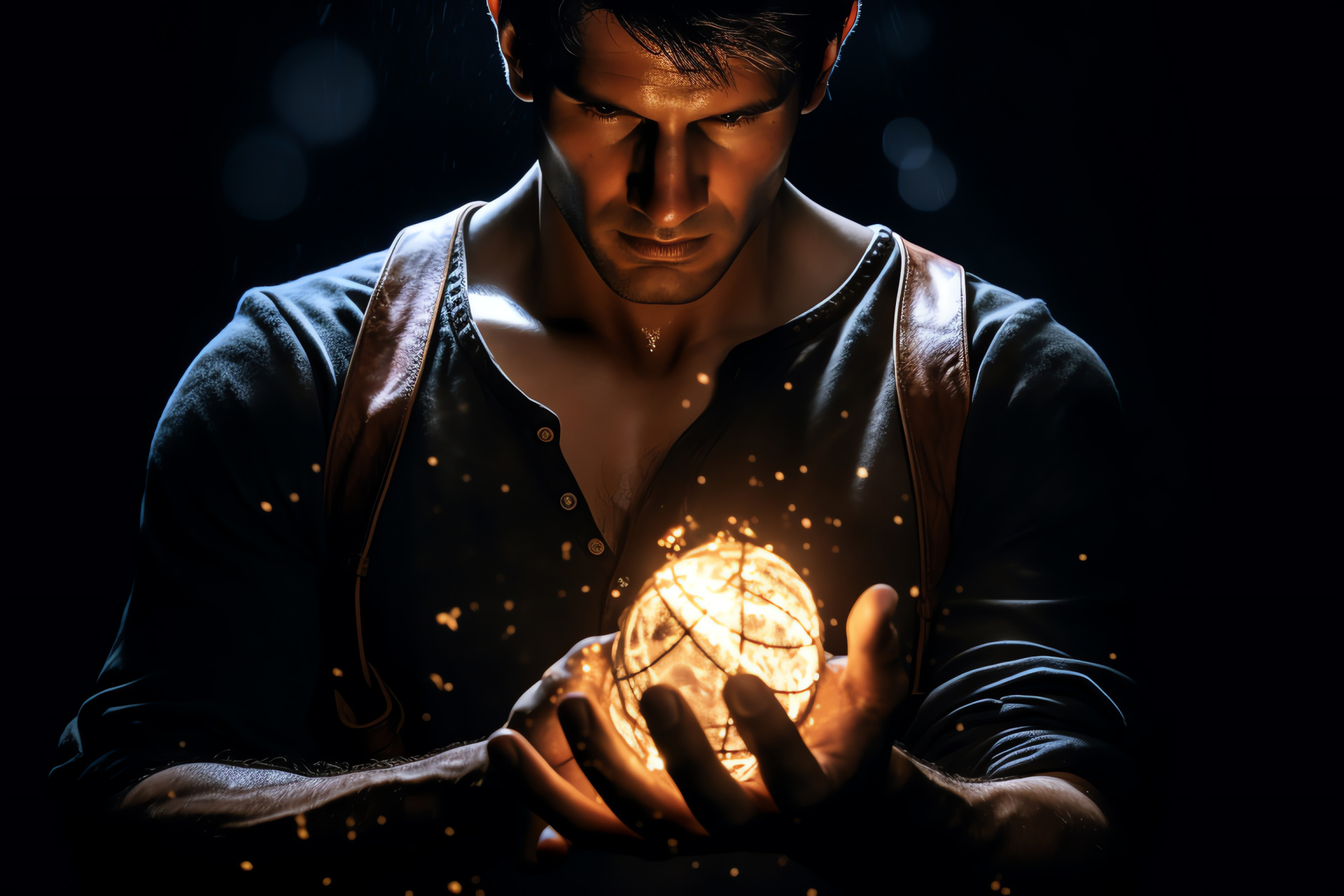 Nathan Drake, Artefact retriever, Penetrating stare, Enigmatic relic, Monochrome backdrop, HD Desktop Wallpaper