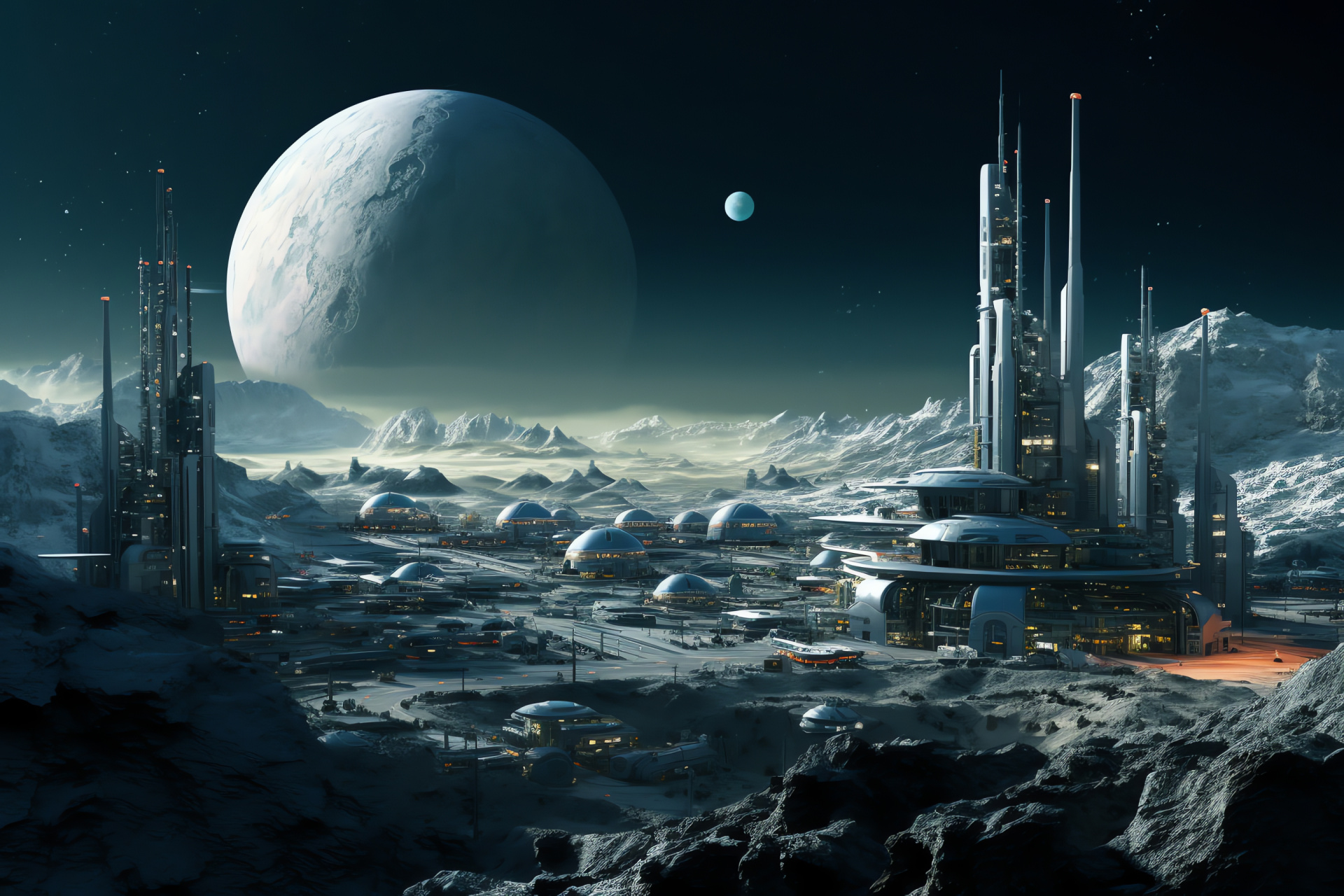 Extraterrestrial settlement, advanced urban designs, space habitats, lively cosmic metropolis, aesthetic spectrums, HD Desktop Image