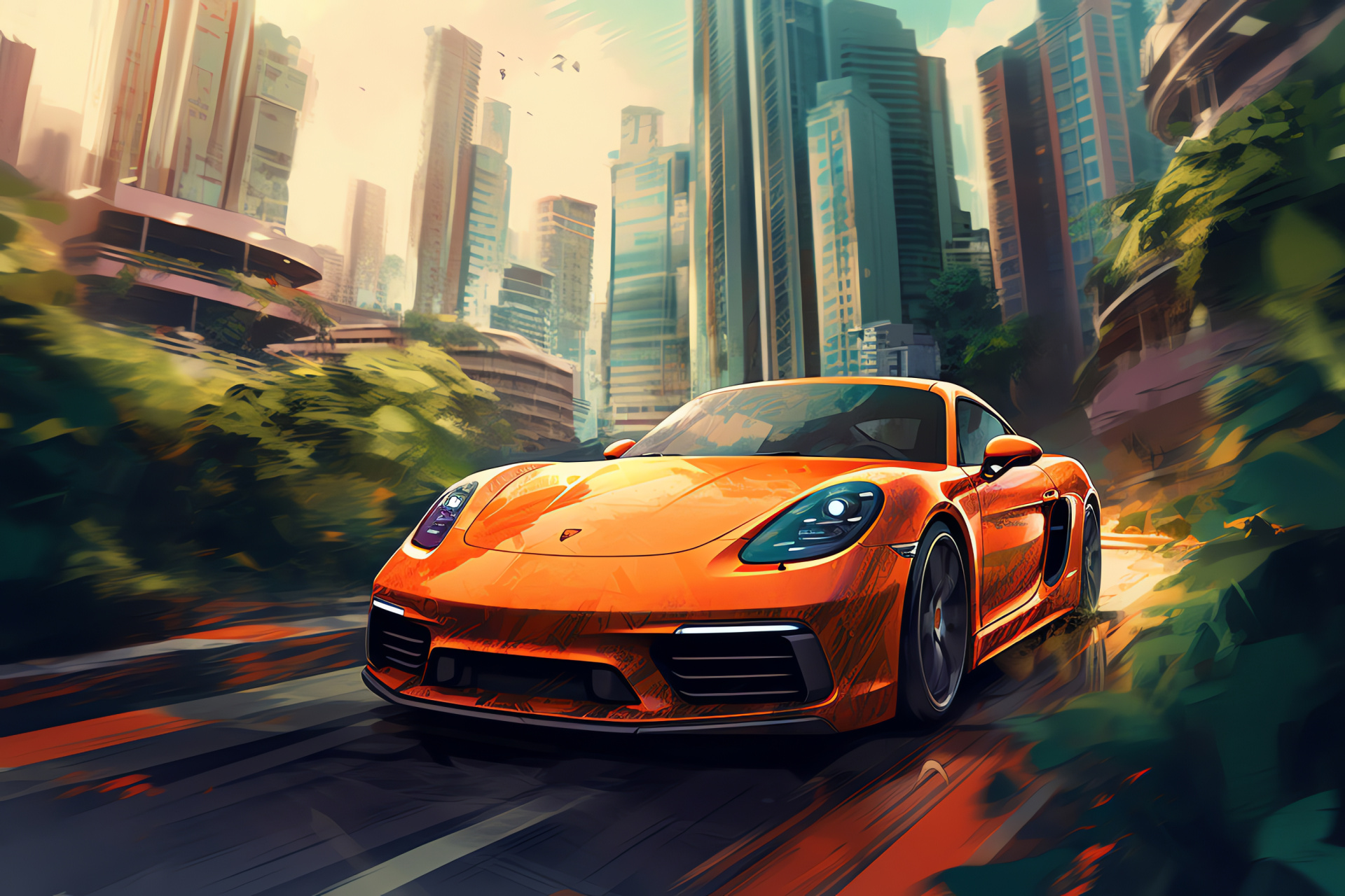 Porsche Cayman GTS 4.0, Metropolitan setting, High-rise architecture, Vibrant orange paint, HD Desktop Wallpaper