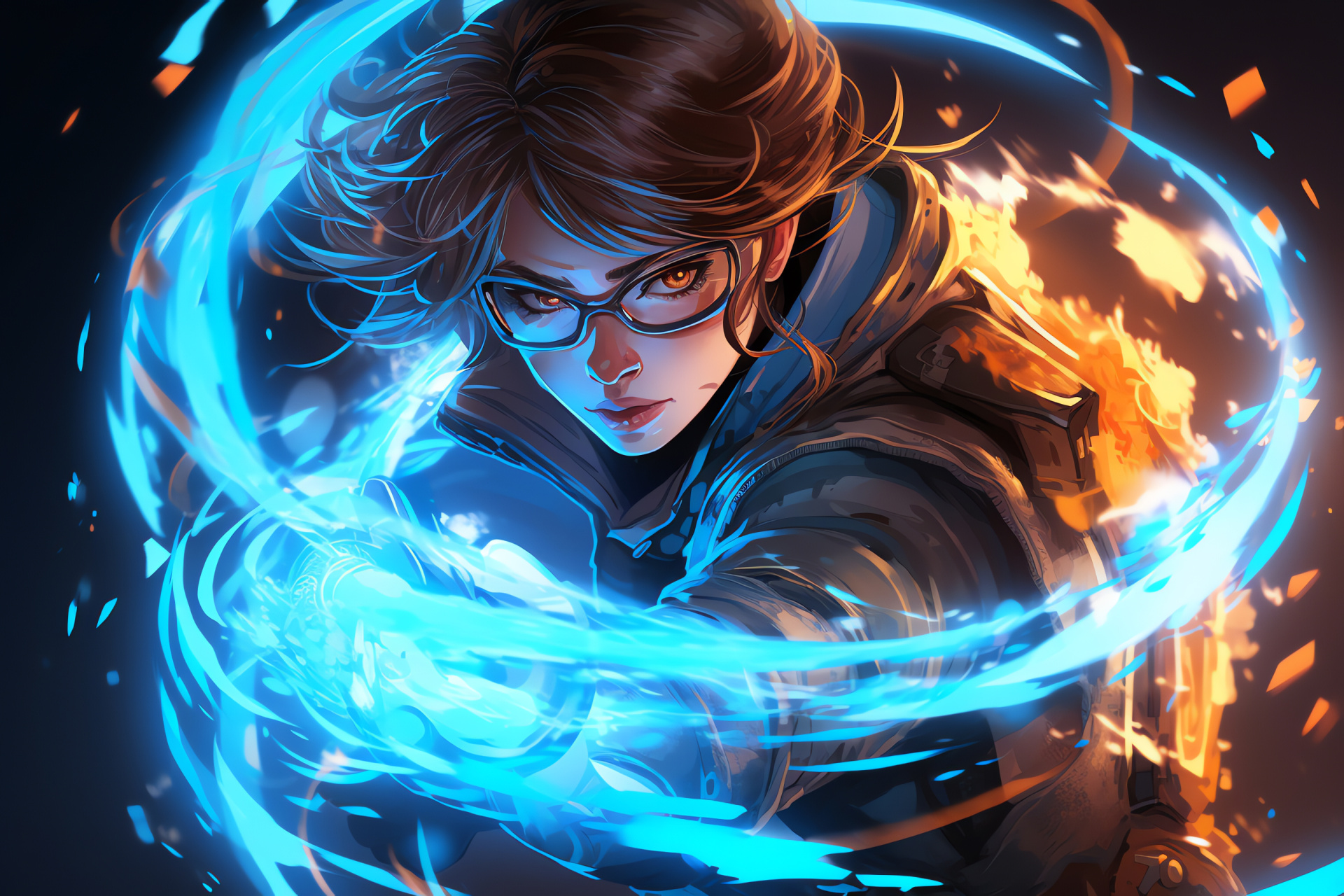 Focused Overwatch Mei, Swirl pattern backdrop, Warm brown-eyed expression, High-tech cold weapon, Action vibe, HD Desktop Wallpaper