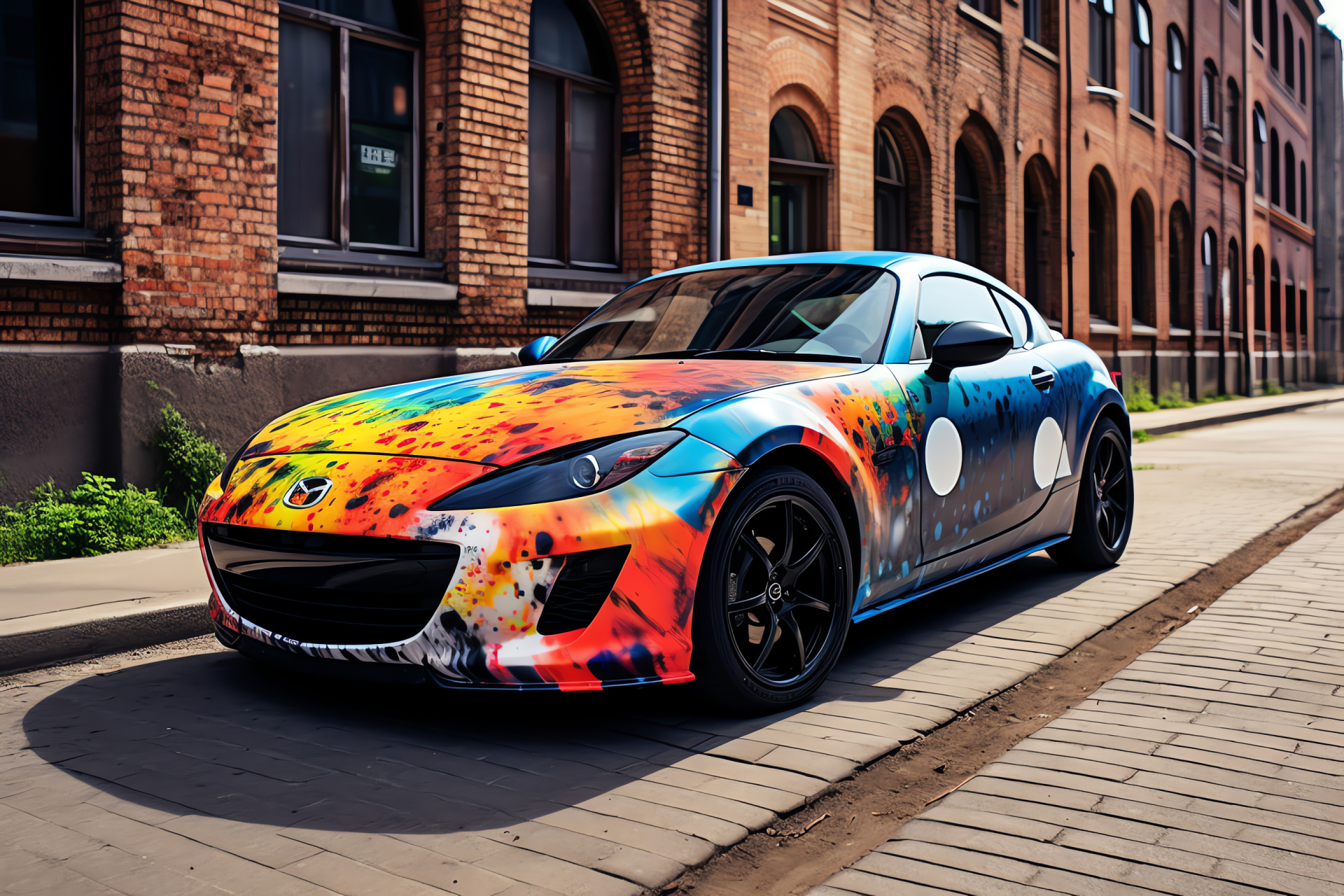 Mazda RX8, Urban art paintwork, Broad city scene view, Public murals interaction, City environment vibrancy, HD Desktop Wallpaper