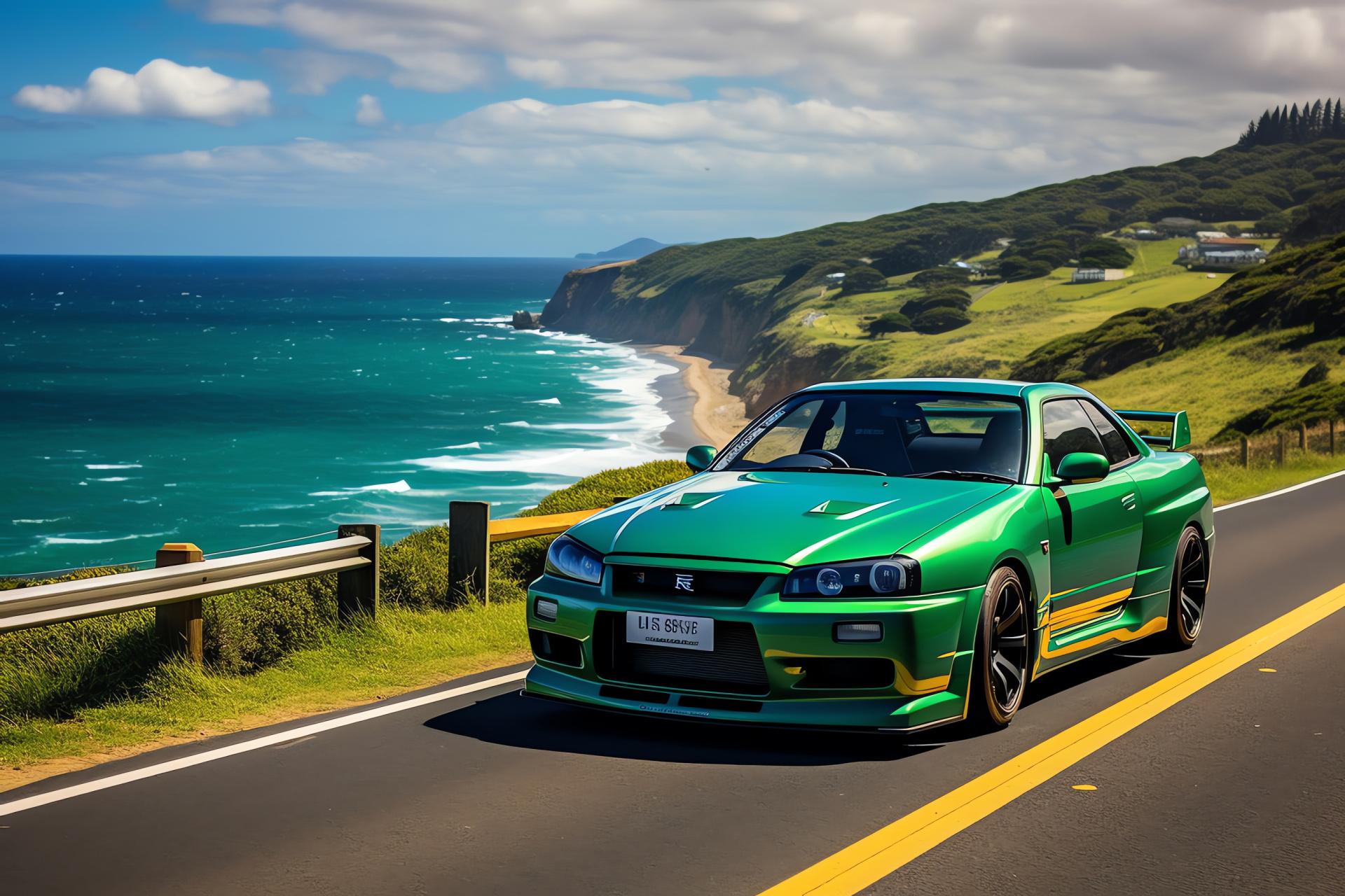 Nissan Skyline GTR, Great Ocean Road cruise, R32 V-Spec II, Vibrant green exterior, Scenic coastal drive, HD Desktop Wallpaper