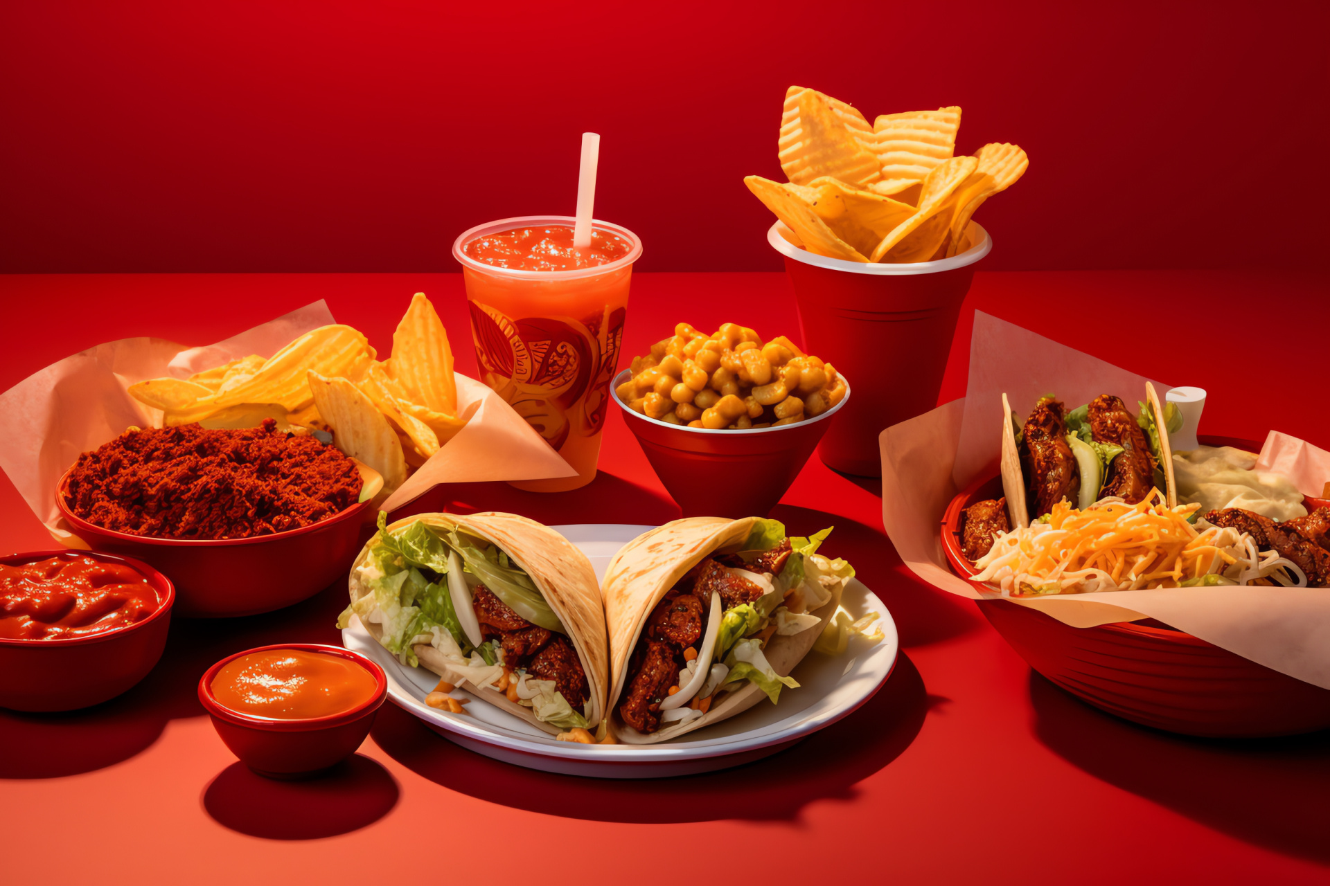 Taco Bell favorites, Menu collage, Bold red theme, Flavorsome variety, Quick service dishes, HD Desktop Wallpaper