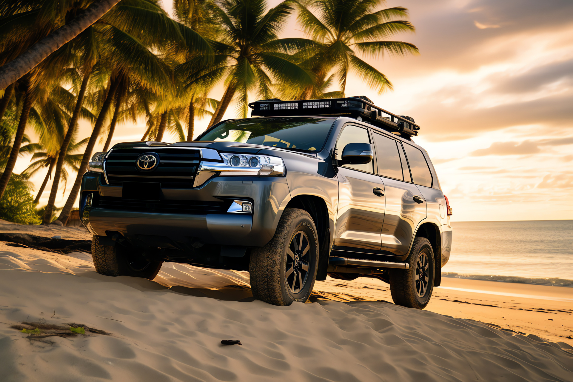 Toyota Land Cruiser TRD, Coastal drive leisure, Off-road expertise, Beach landscape, Engine snorkel feature, HD Desktop Wallpaper