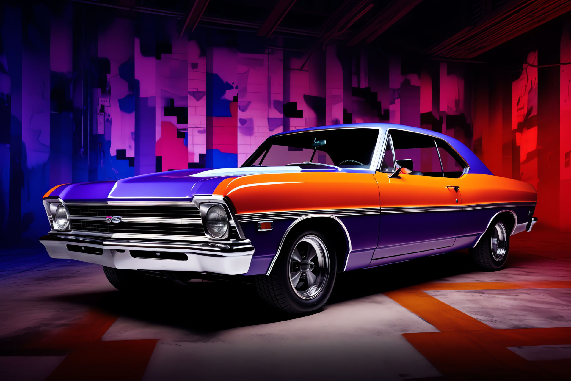 Chevrolet Nova 1970, Classic American auto, Vintage car showpiece, Vibrant backdrop, Muscle car prime, HD Desktop Image