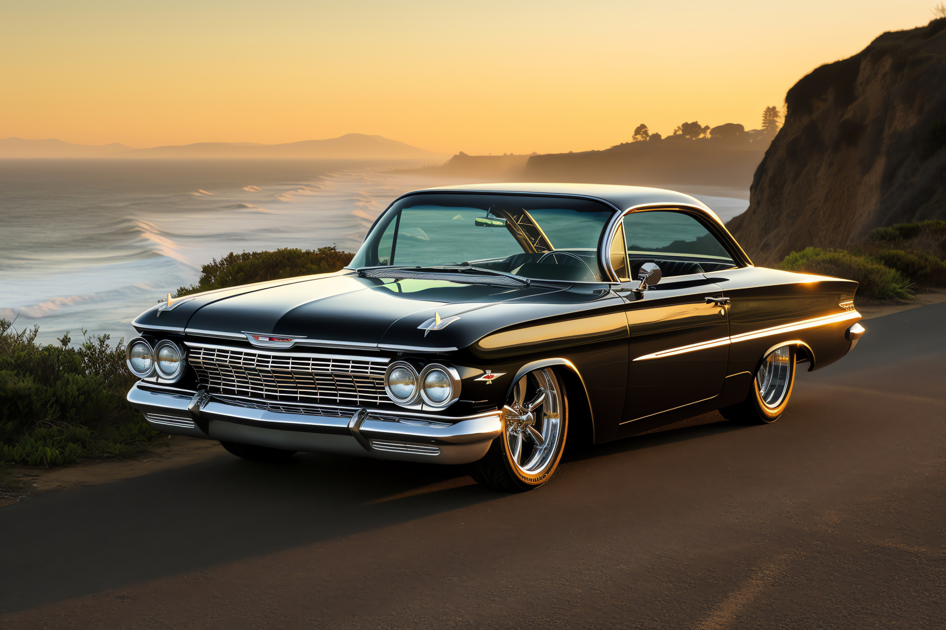 Chevrolet Impala SS classic, California coastline journey, ebony finish, sunset radiance, visually smooth styling, HD Desktop Wallpaper