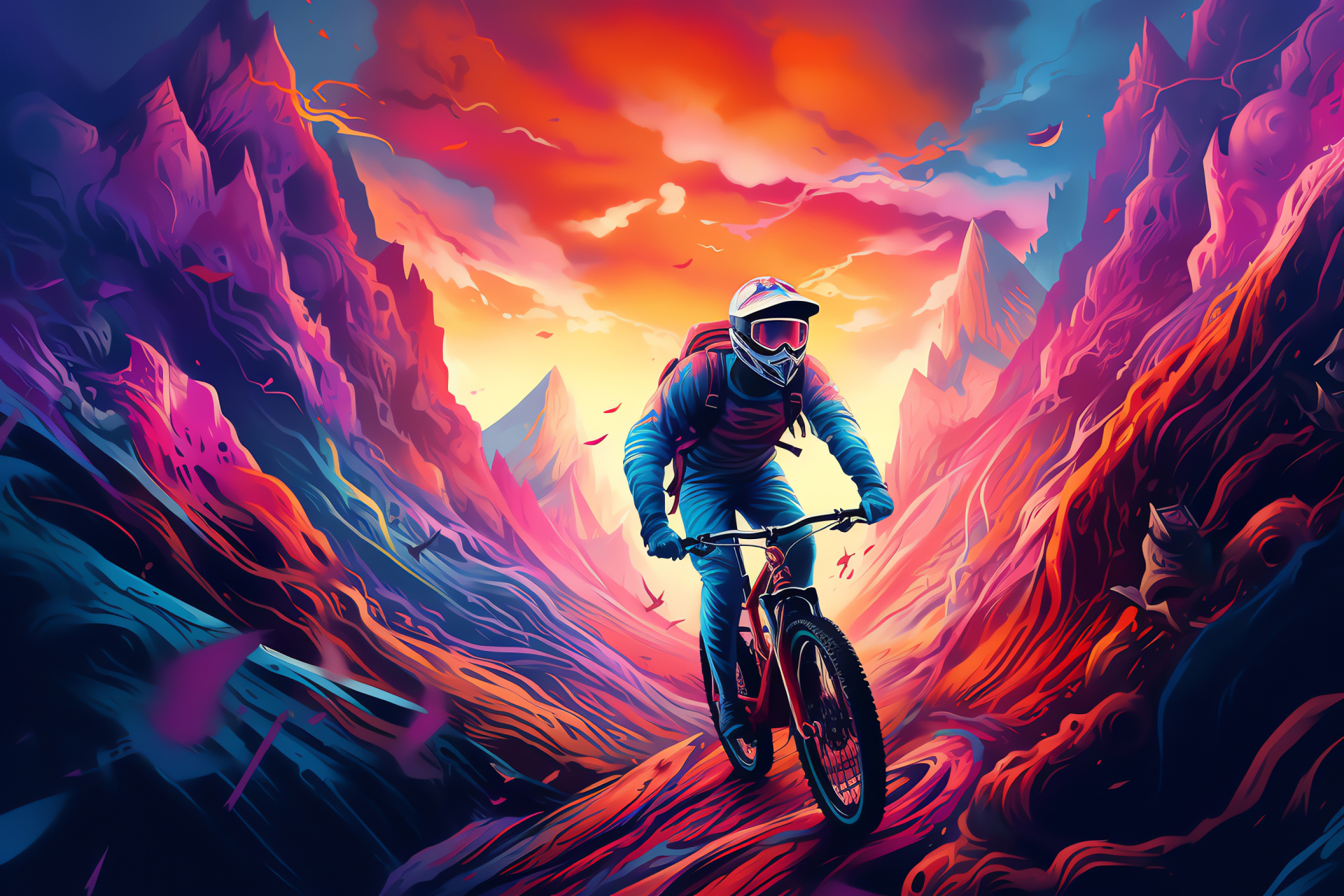 MTB aerial descent, Downhill biking rush, Unearthly bike landscape, Surreal outdoor scene, Adrenaline-filled, HD Desktop Image