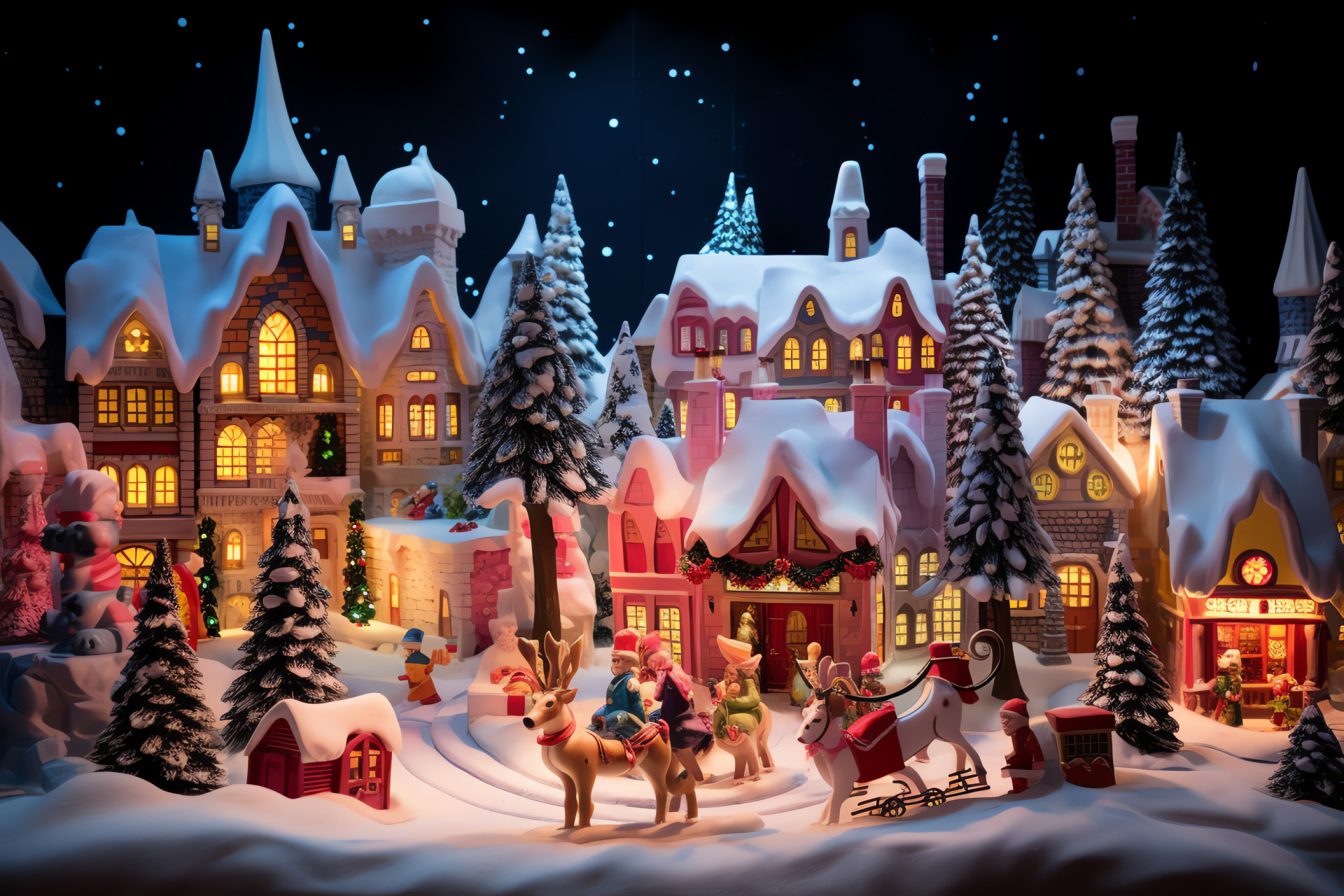 Red-Nosed navigator Rudolph, North Pole locale, Festive village radiance, Evening Yuletide attraction, Ornate decorative environment, HD Desktop Wallpaper