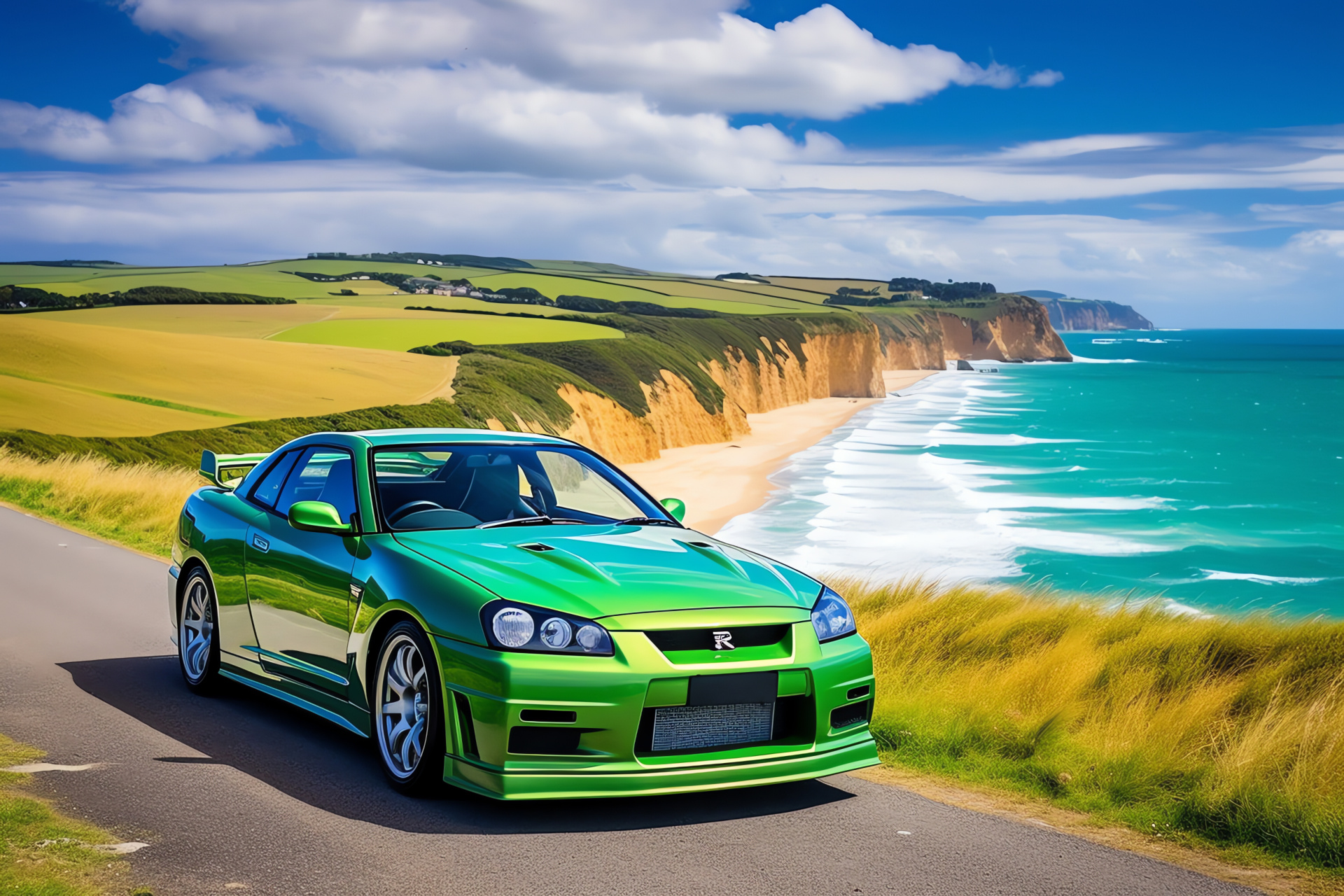 Nissan Skyline GTR R33, Great Ocean Road, lush hue, coastal journey, natural cliffside, HD Desktop Wallpaper