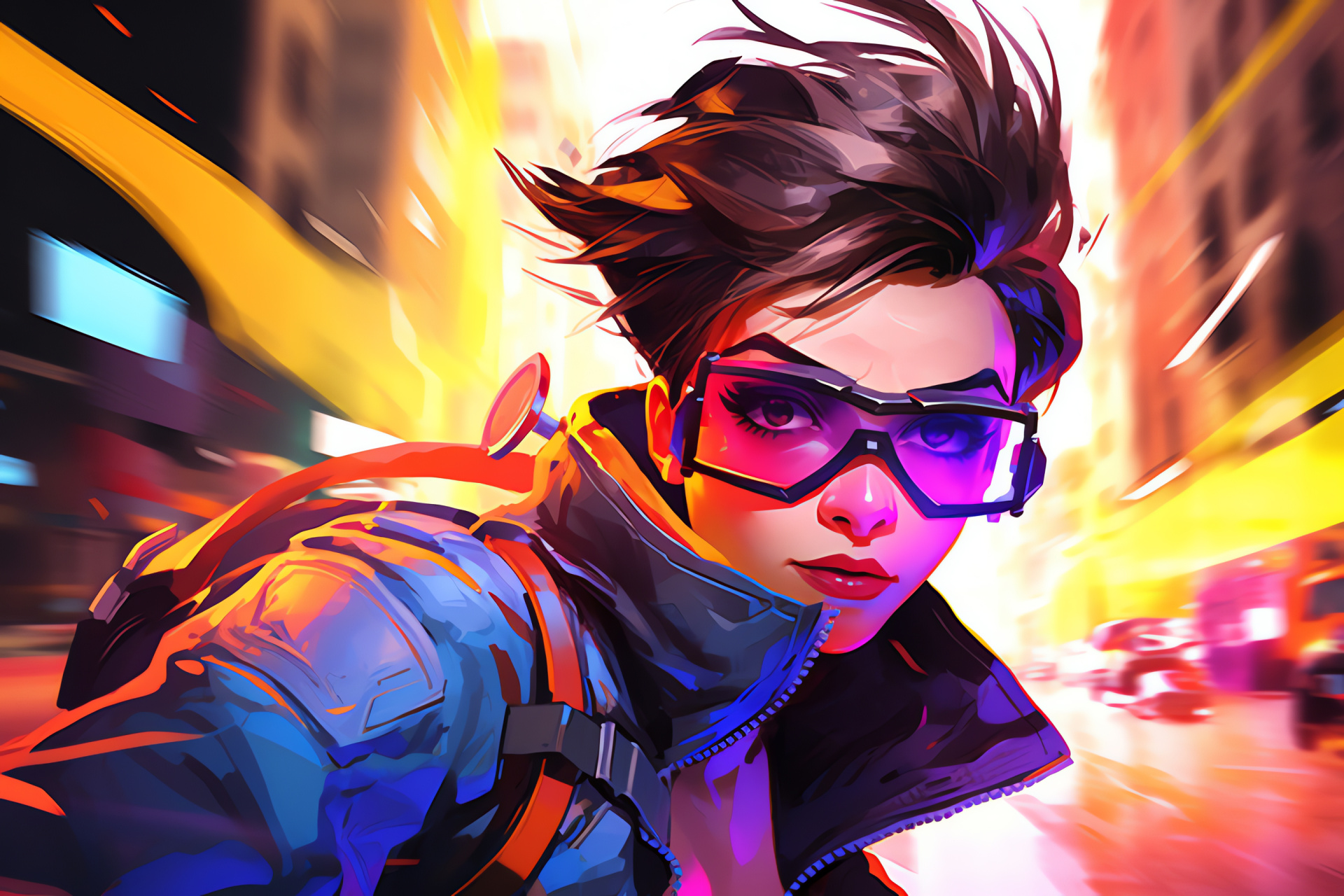 Overwatch street-level heroics, Lively gaming metropolis, Tracer personality, Exuberant hero presence, Colorful game locale, HD Desktop Image