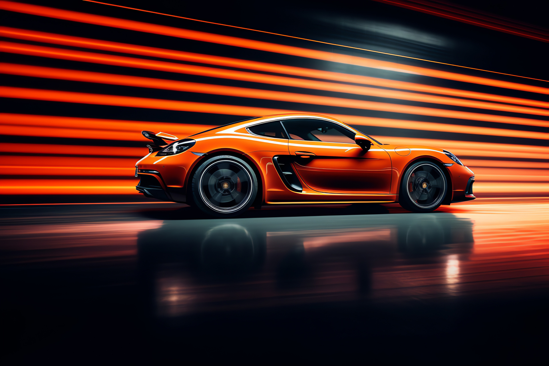 2021 Porsche Cayman S, Vibrant orange hue, Side profile, Modern sports car design, Aerodynamic lines, HD Desktop Image