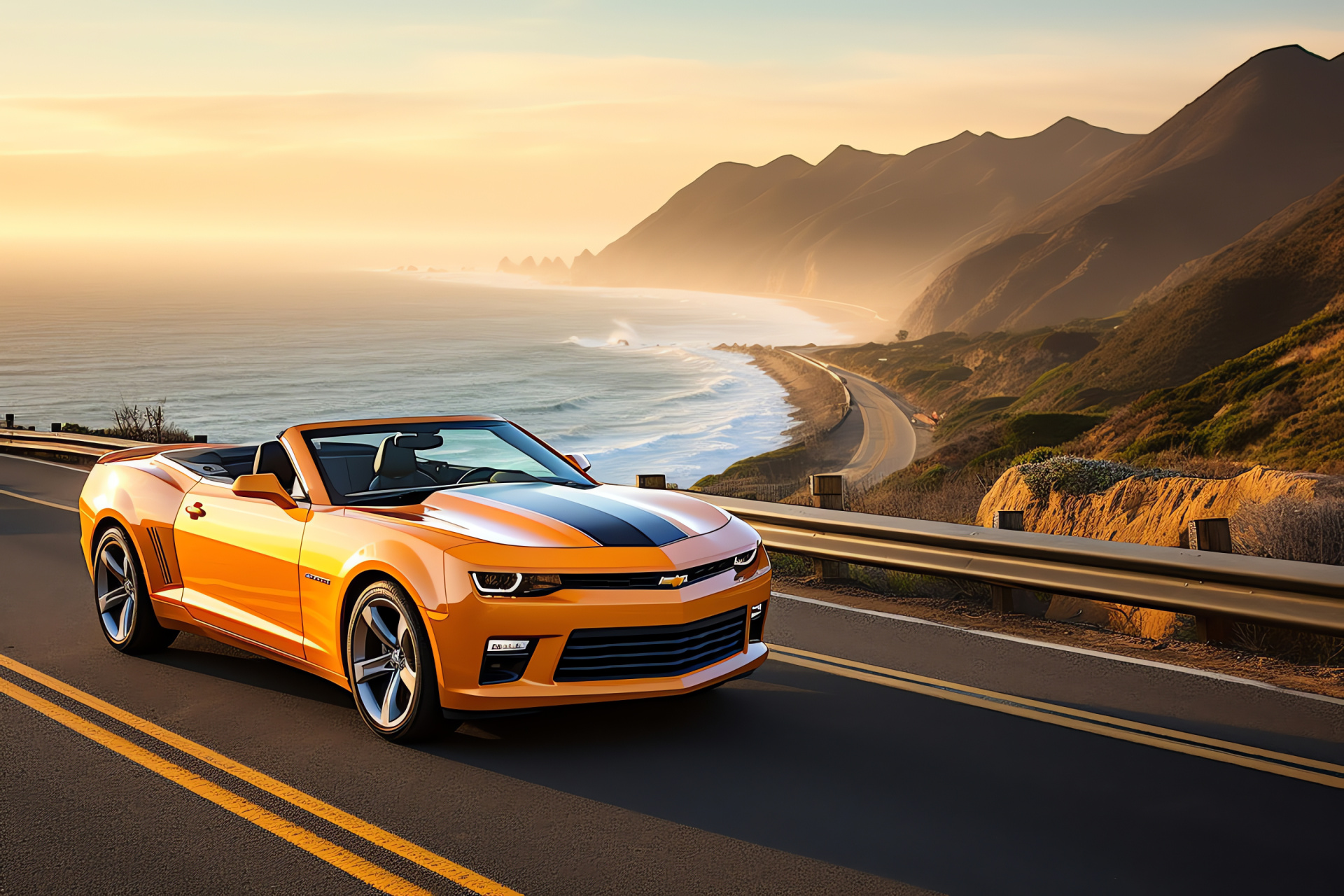 Chevrolet Camaro SS, California cruise, Muscle car presence, Iconic roadway, American sports car, HD Desktop Wallpaper