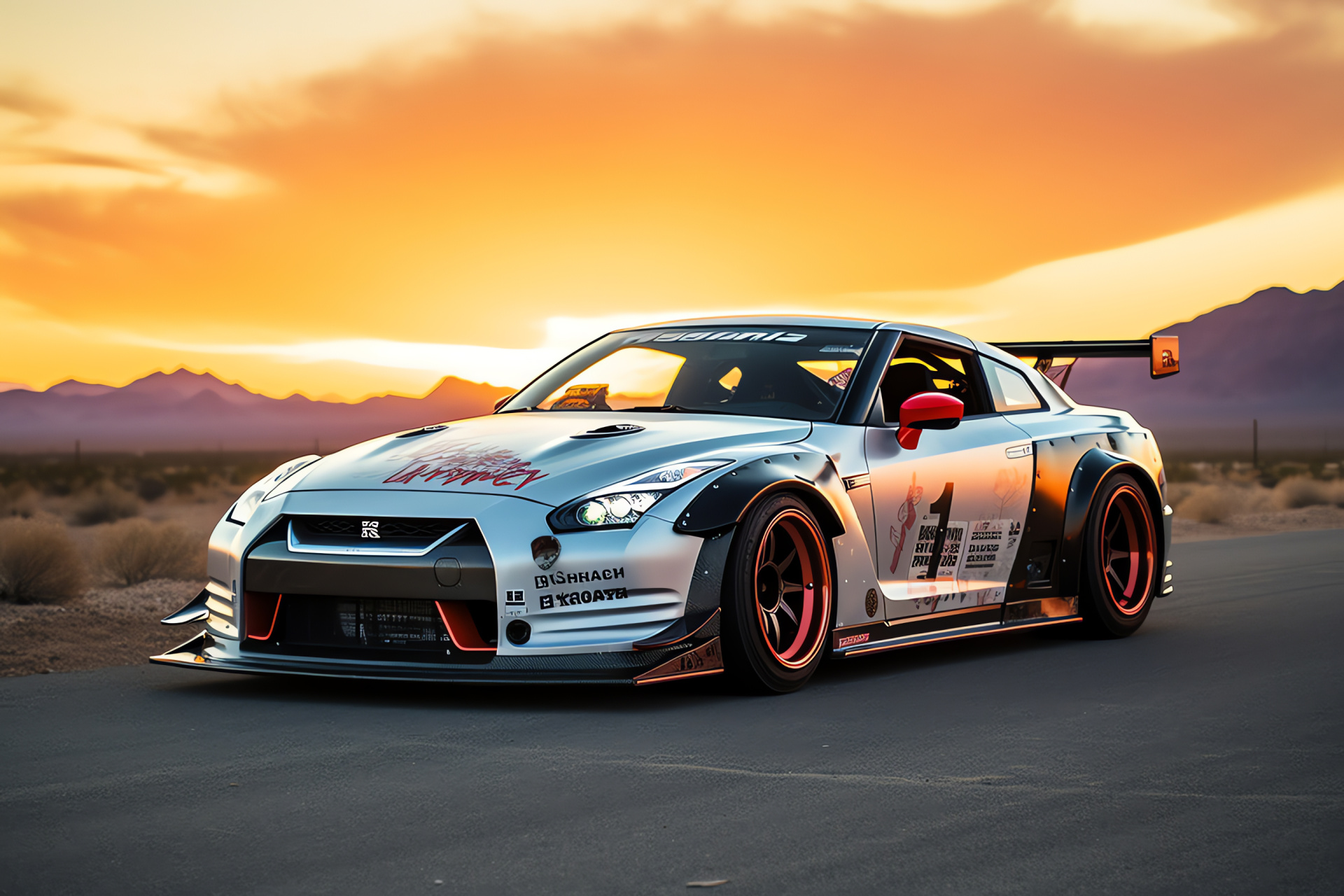 Nissan GTR Liberty Walk, Route 66 backdrop, Sunset horizon, Roadside diner views, Wide-body enhancement, HD Desktop Image