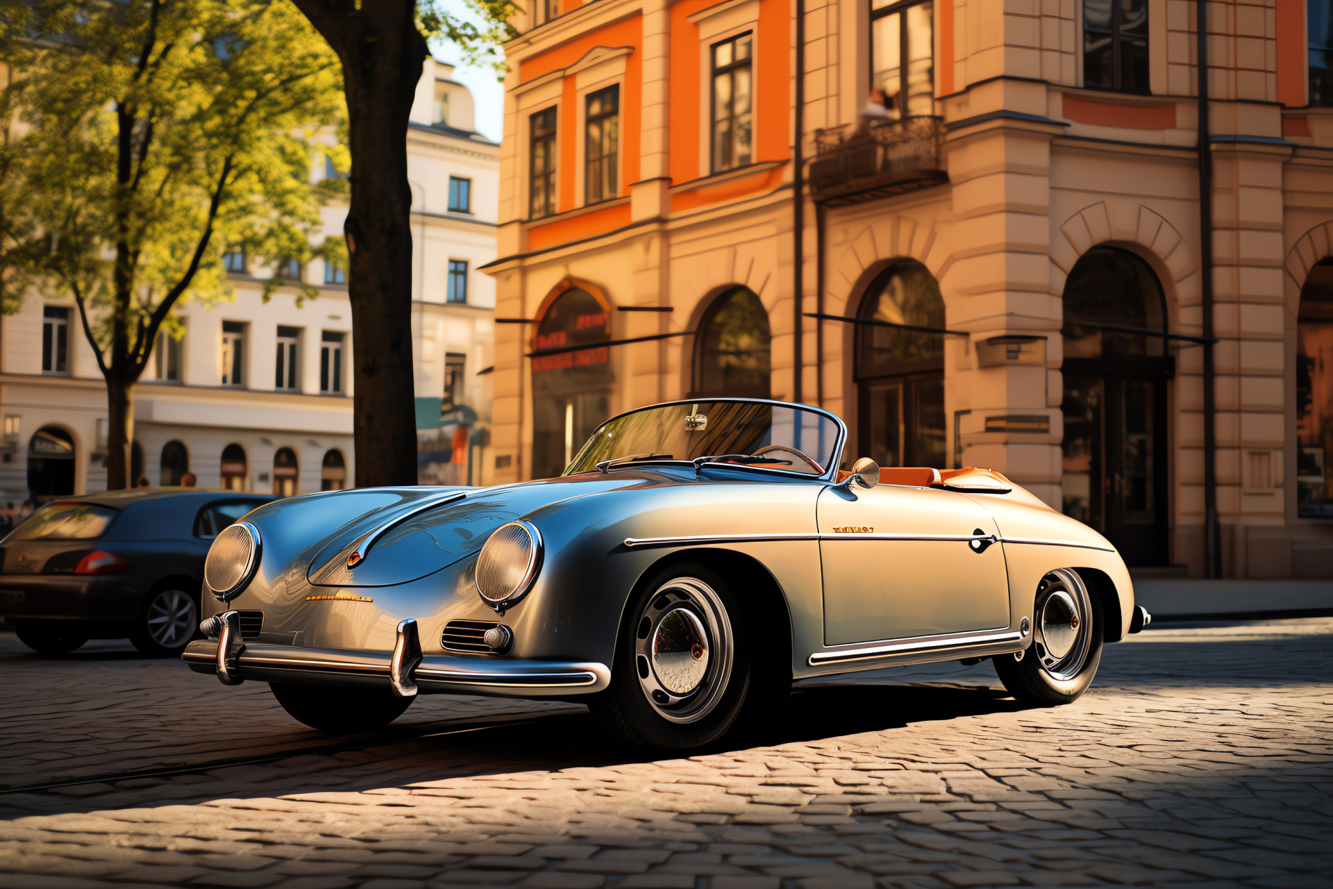 Vintage Porsche 356 Speedster, Stuttgart old-town charm, Classic automotive icon, Historic vehicle presence, Traditional streetscape, HD Desktop Wallpaper