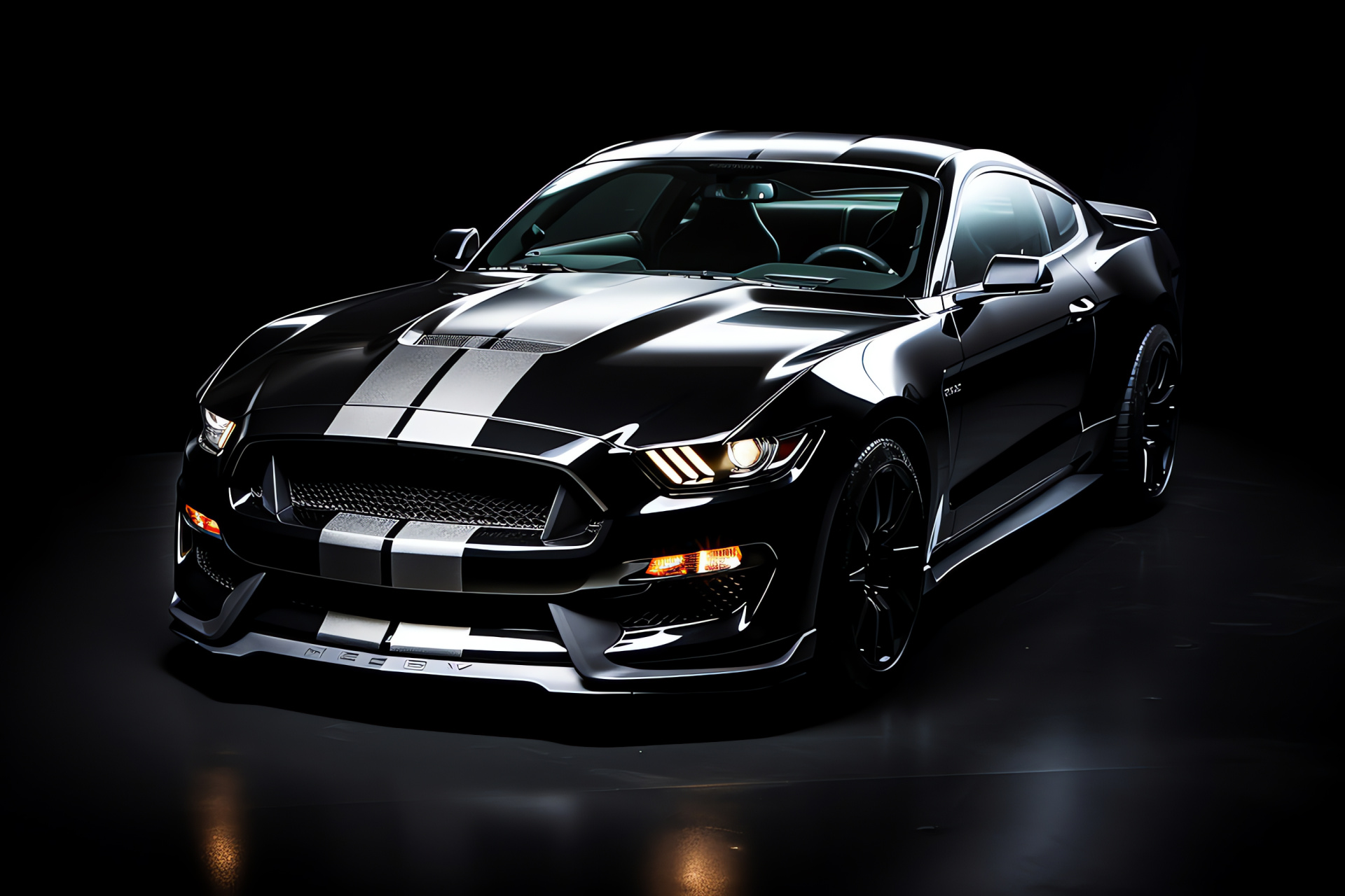 Ford Mustang GT350, pure black finish, bold contrast, dominant angle, sports car aesthetic, HD Desktop Wallpaper