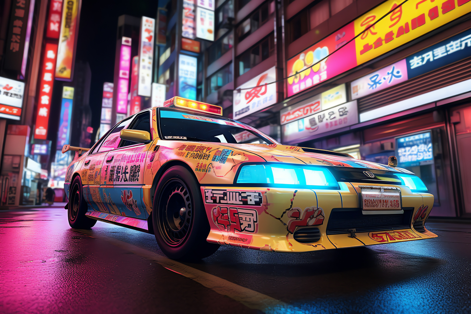 Metropolitan police vehicle, Japanese district, Akihabara patrol, Illustrated decals, Urban illumination, HD Desktop Wallpaper