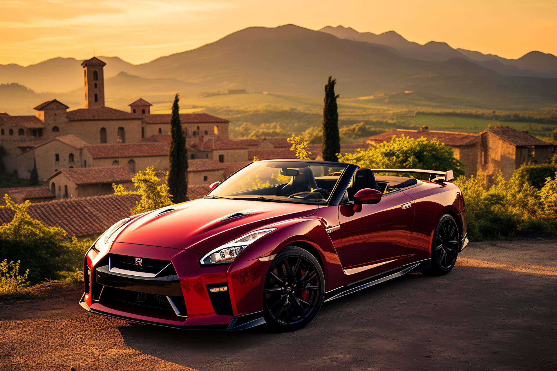 Nissan GTR HD, Italian Tuscany region, Open-top driving, Glossy red finish, Scenic rural roads, HD Desktop Image