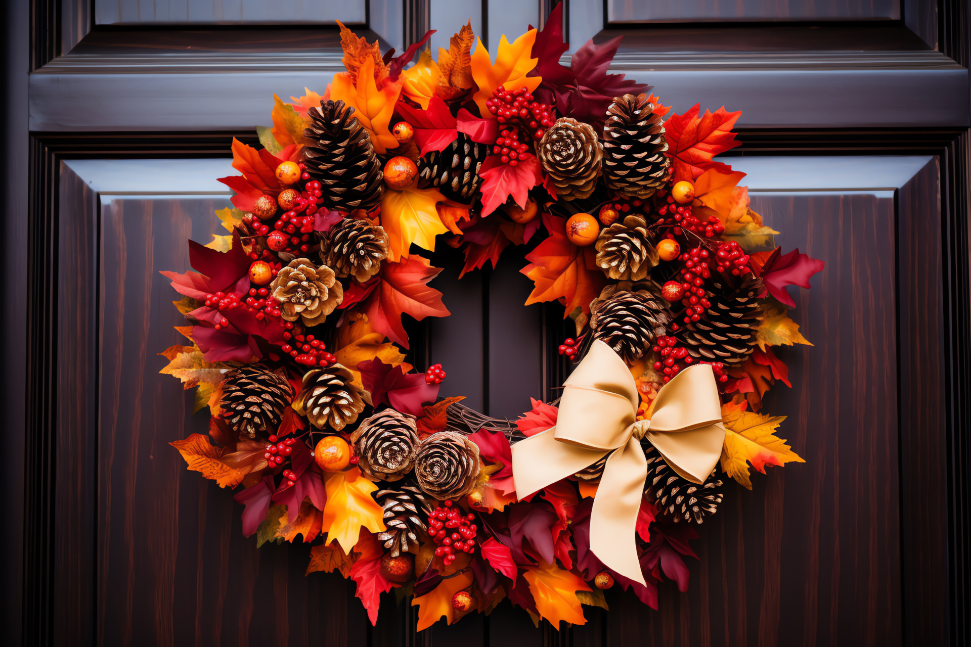 Harvest wreath door decor, Thanksgiving adornment, Fall foliage arrangement, Front door pinecone decoration, HD Desktop Wallpaper