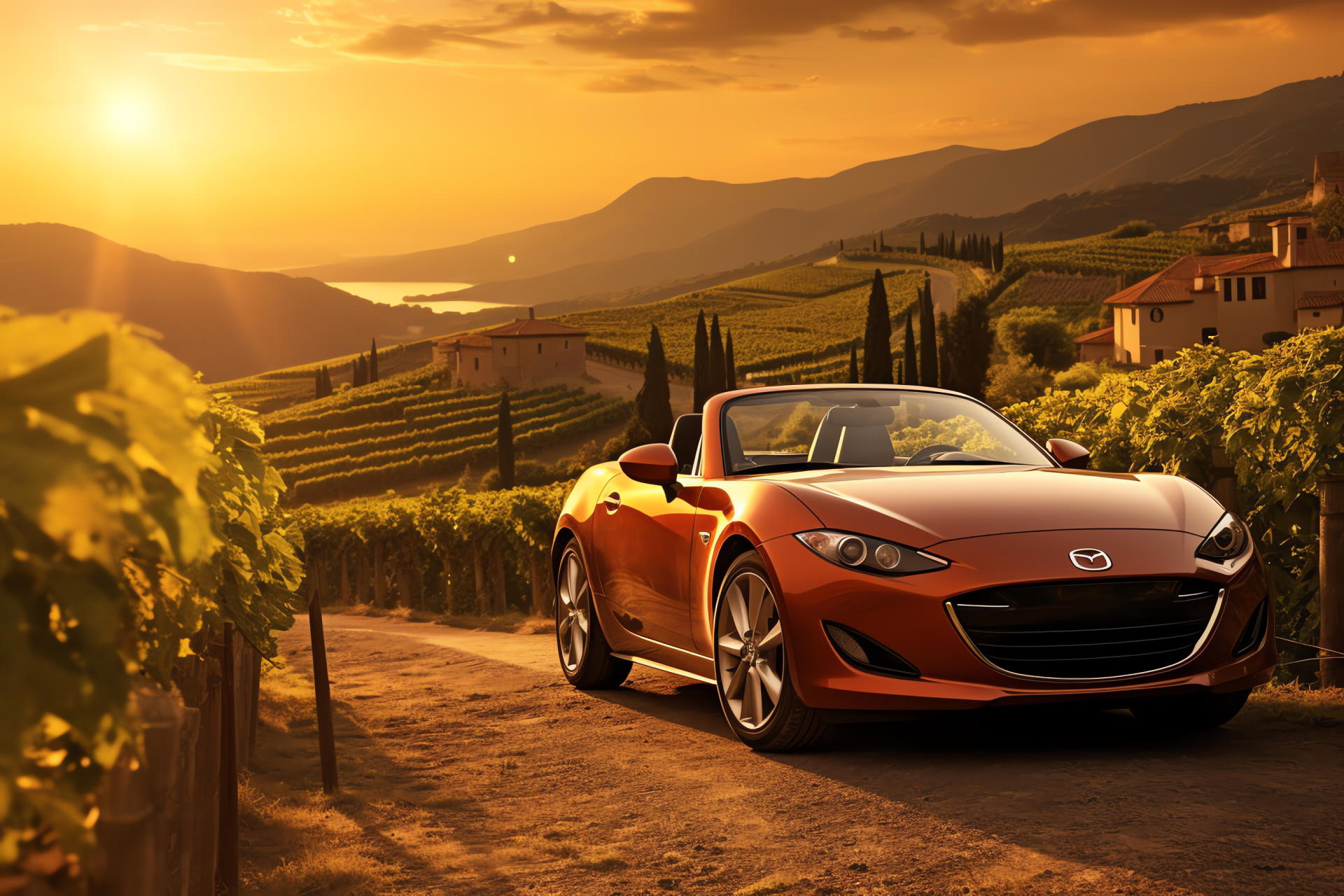 Mazda RX8 in Tuscany, Convertible sports car, Scenic vineyard drive, Golden hour lighting, Open-road freedom, HD Desktop Wallpaper