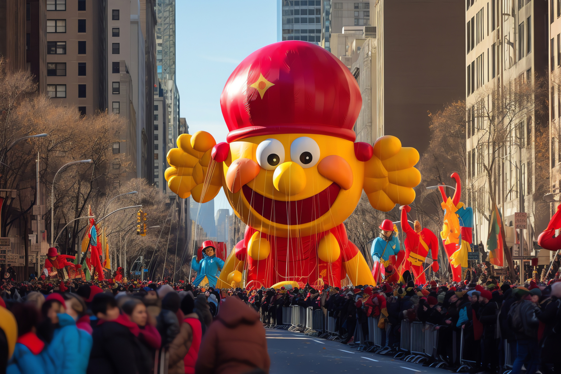 Metropolitan Thanksgiving parade, NYC holiday event, Throngs of city viewers, Chilly seasonal wear, Public celebration, HD Desktop Wallpaper