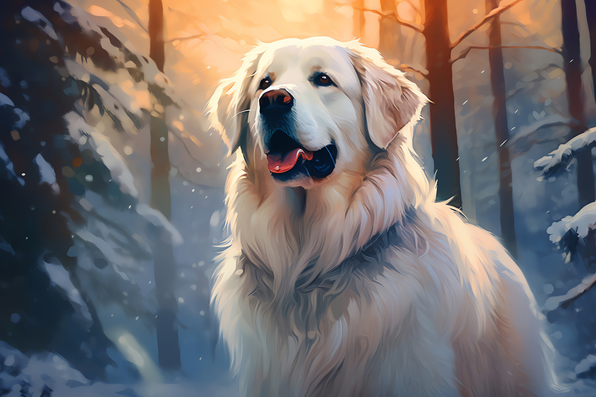 Mountain breed, Great Pyrenees, Amber eyes, Thermal fur, Winter landscape, HD Desktop Image