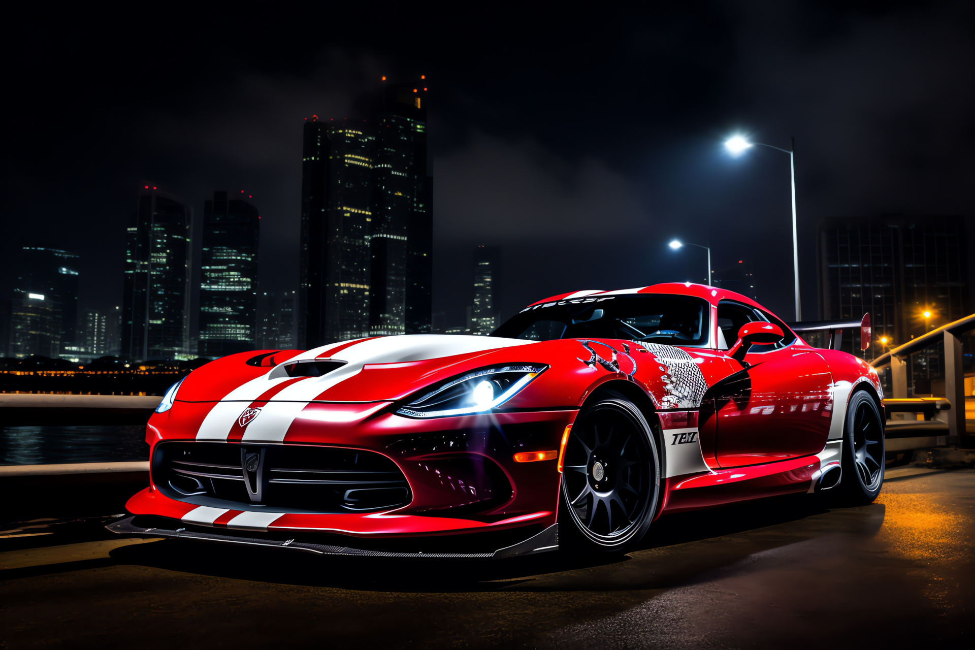 SRT Viper in city, GTS-R edition, Racing livery design, Night city landscape, Urban illumination effects, HD Desktop Wallpaper