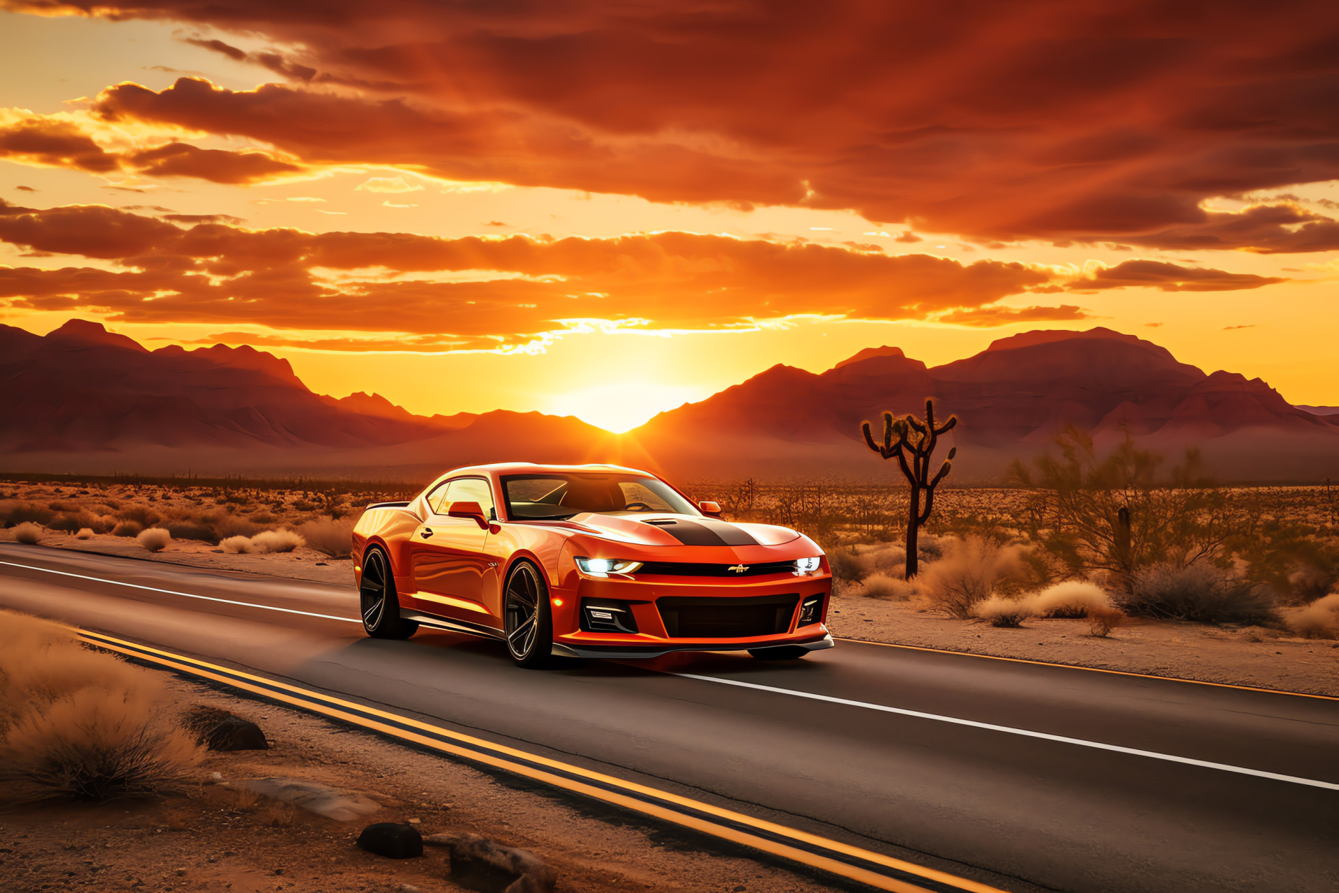 Chevrolet Camaro SS, Classic American, Route 66 journey, Desert cruise, Sunset drive, HD Desktop Image