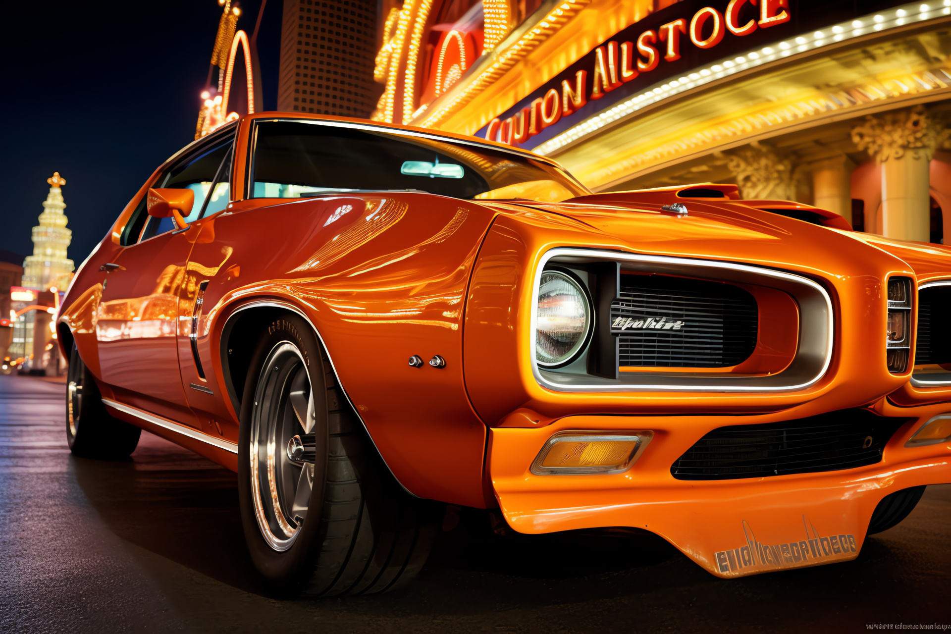 Pontiac GTO Judge, Vegas casino frontage, Tangerine paint pop, Bright urban illumination, Bold muscle design, HD Desktop Image