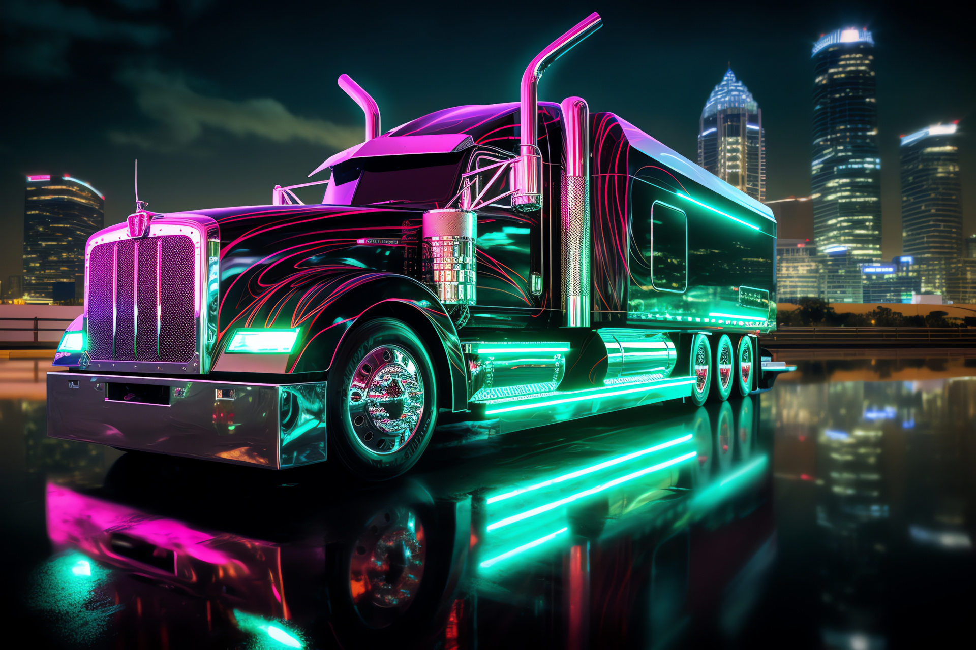 Peterbilt logo horizon, Future city skyline, Electric transport, Panoramic urban view, Neon skyline, HD Desktop Image