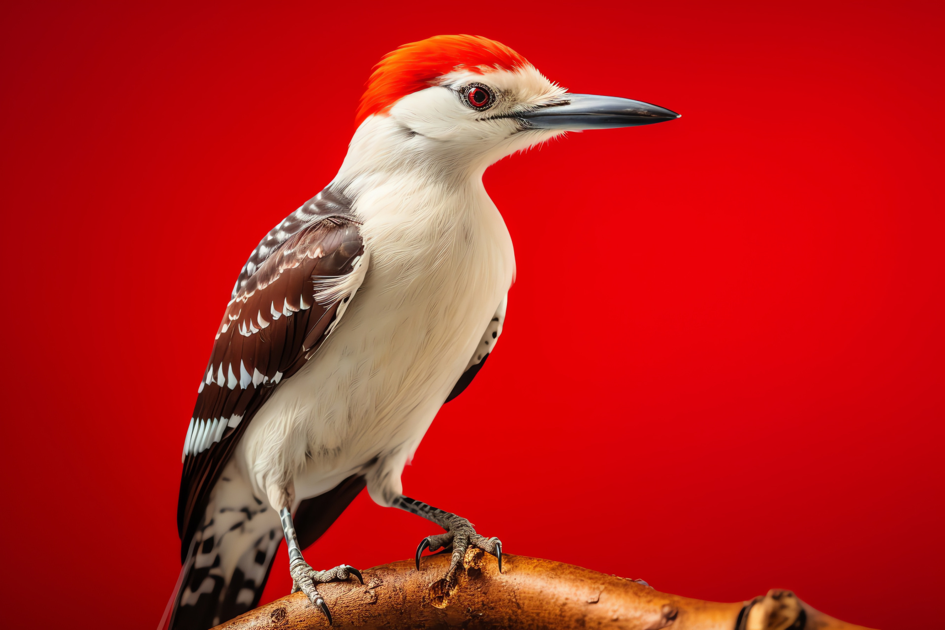 Woodpecker display, Red-white bird contrast, Striking feathered creature, Bold natural patterns, Ornithological interest, HD Desktop Wallpaper