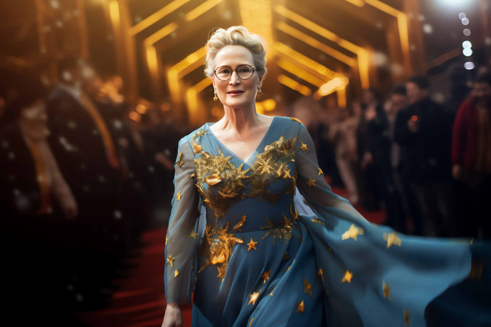 Meryl Streep, cinema icon, red carpet gown, deep gaze, elegant accessory, HD Desktop Wallpaper