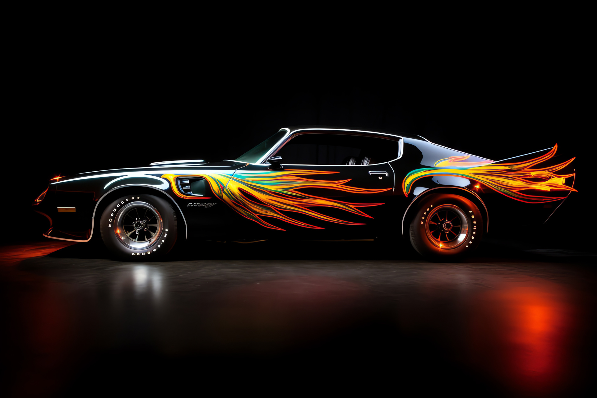 Trans Am Firebird, Muscle car stance, Black sports auto, Side profile, Neon illumination, HD Desktop Wallpaper