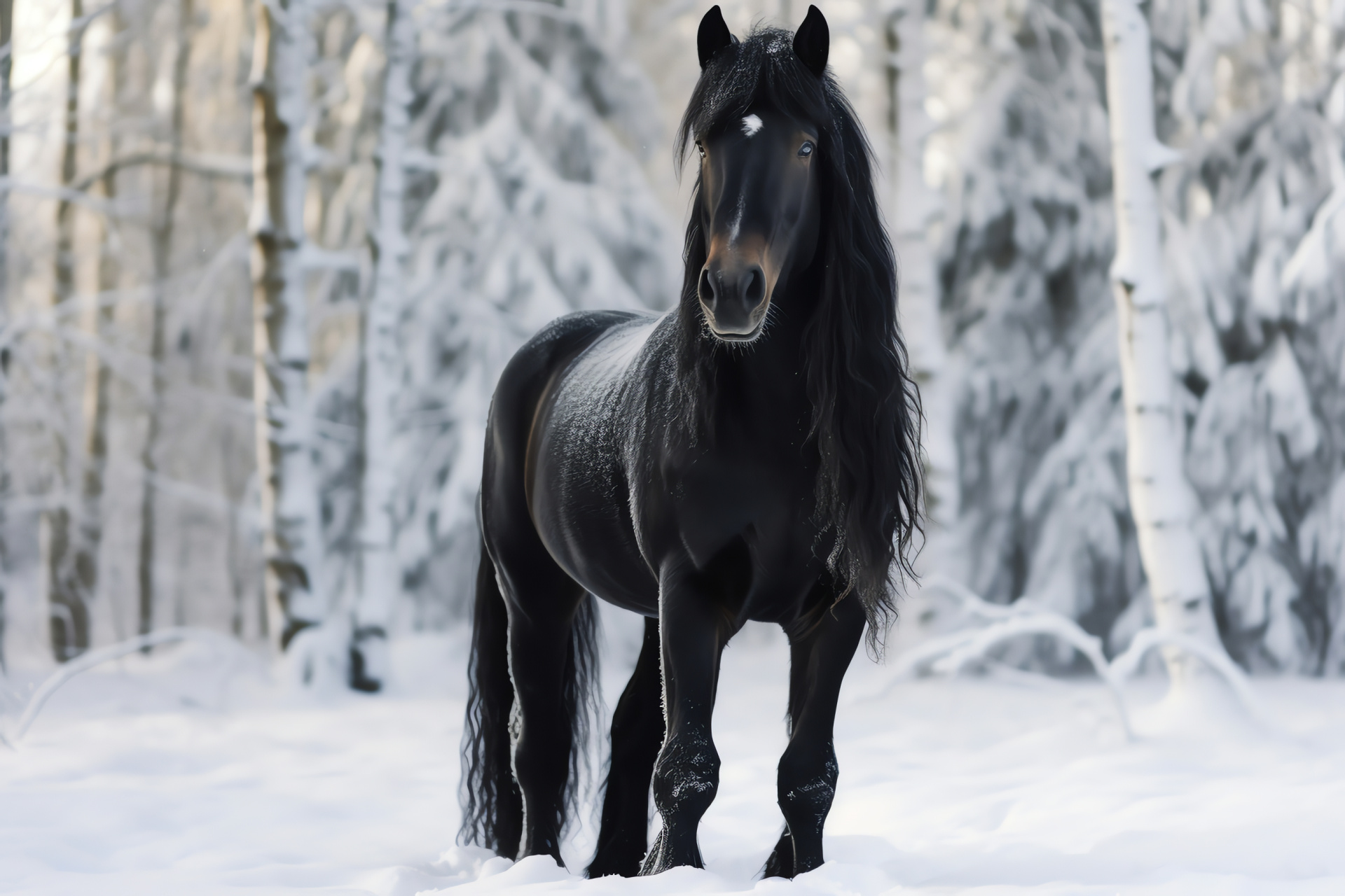 Equine black beauty, Frosted timber habitat, Intense equine stare, Sleek stallion sheen, Wintry equus, HD Desktop Wallpaper