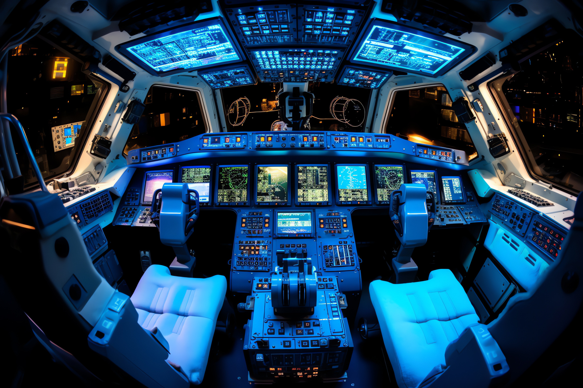 Shuttle control room, Celestial navigator cockpit, Luminous instrument glow, Cockpit operation, Astronaut workspace, HD Desktop Wallpaper