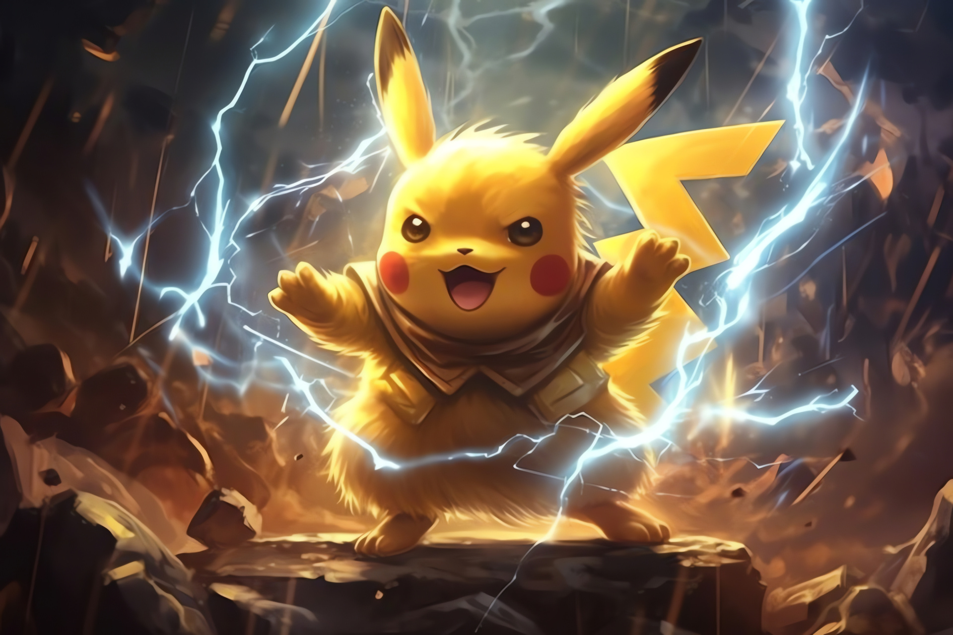 Pokemon Pikachu, Electric maneuver, Battle-ready stance, Charged atmosphere, Kinetic assault, HD Desktop Image