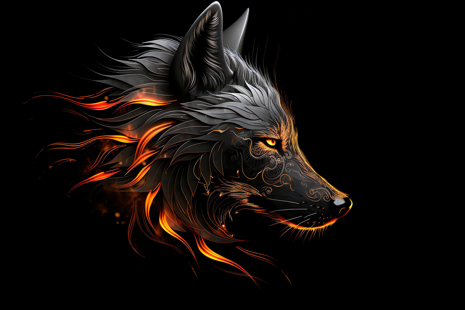 Canine with orange eyes, Dark wolf fur, Tribal wolf portrait, Animal side profile, Black backdrop design, HD Desktop Image