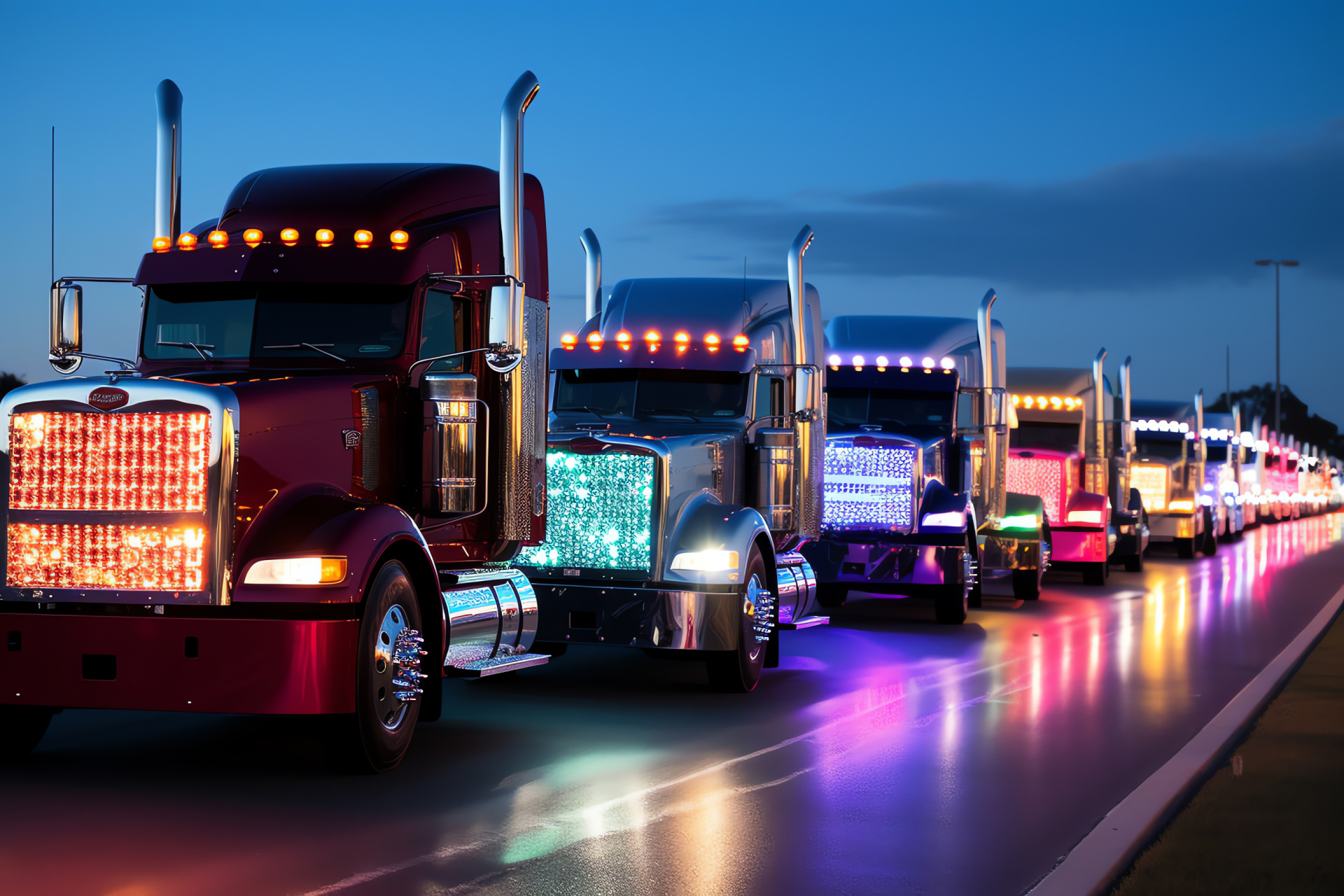 Peterbilt Trucks, Highway fleet, Truck convoy, Radiator grilles, Illuminated night transport, HD Desktop Wallpaper