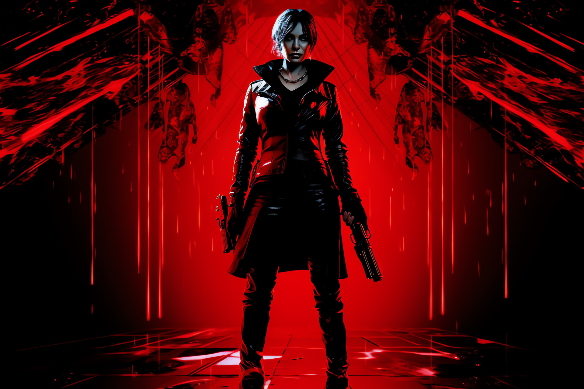 Resident Evil franchise, Character Ada Wong, Action-adventure game, Submachine gun equipment, Stark monochromatic tone, HD Desktop Image